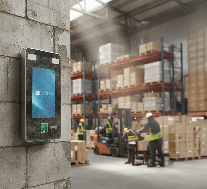 SYSDO 815 time and attendance terminal installed in an industrial hall