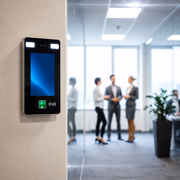 SYSDO 815 time and attendance terminal with a touchscreen and dual camera at an office entrance
