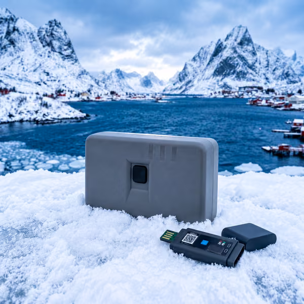 SmartBox tracker, an LRN wireless probe and its cover in a snowy Nordic landscape