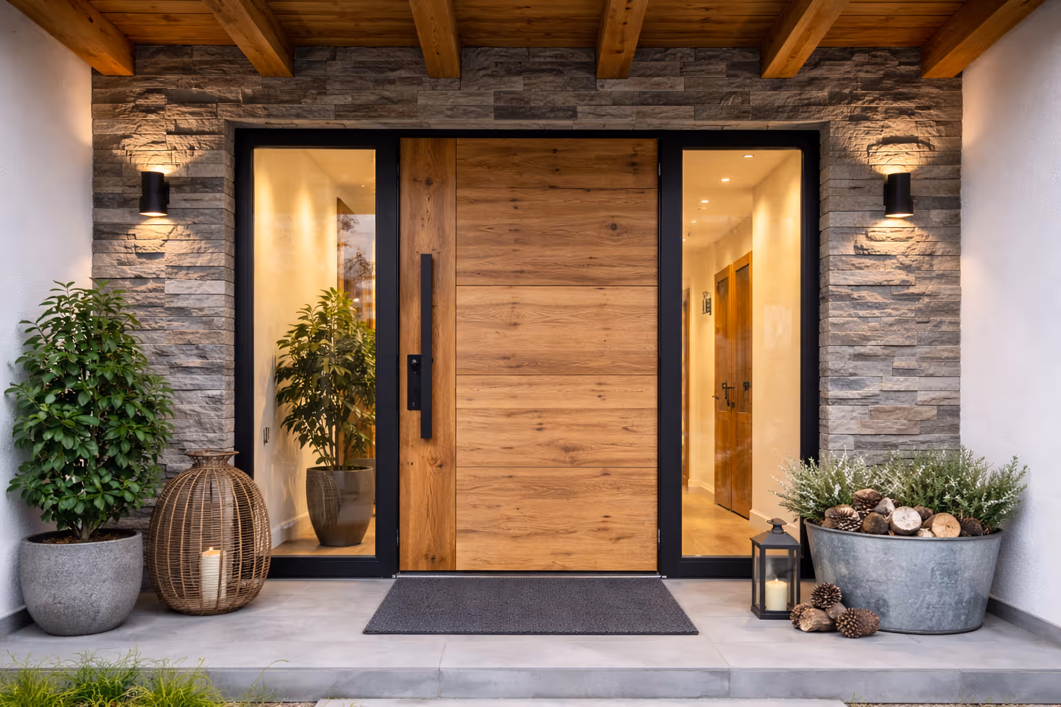 Anthrazitfarbene Alu-Haustür mit horizontalen Lichtausschnitten und Edelstahl-Stangengriff, sichere und wärmedämmende Eingangslösung für Neubau.