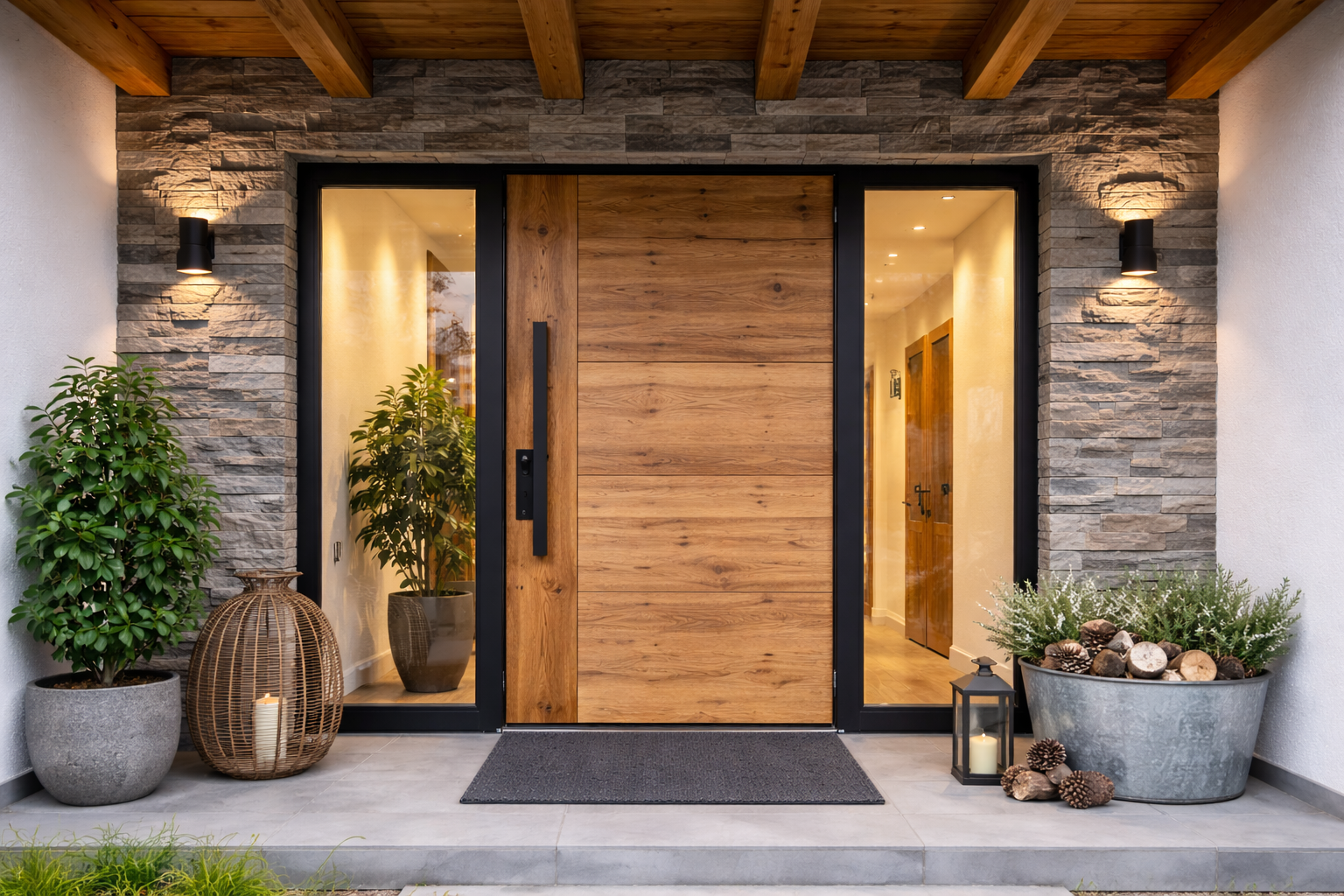 Anthrazitfarbene Alu-Haustür mit horizontalen Lichtausschnitten und Edelstahl-Stangengriff, sichere und wärmedämmende Eingangslösung für Neubau.