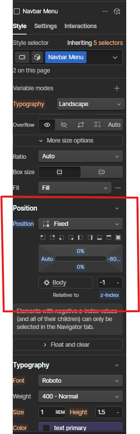CSS style panel showing Navbar Menu styles with Position set to Fixed and Z-Index at -1 in a web design interface.