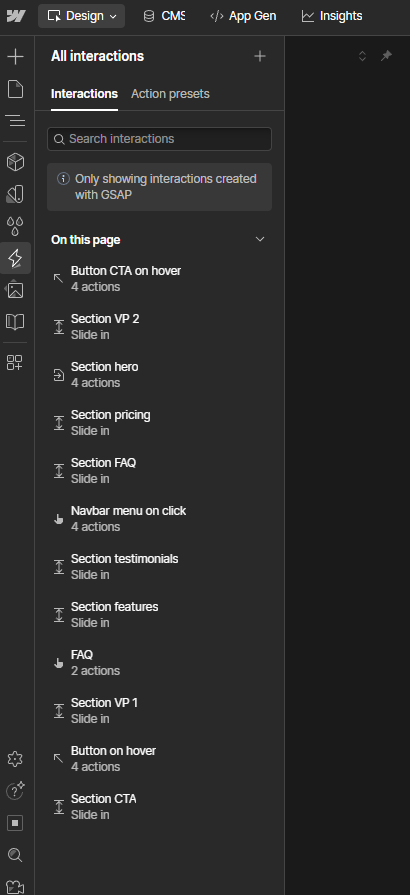 Webflow designer interface showing the interactions panel with a list of animation triggers and actions like Button CTA on hover, Section hero, Navbar menu on click, and FAQ.