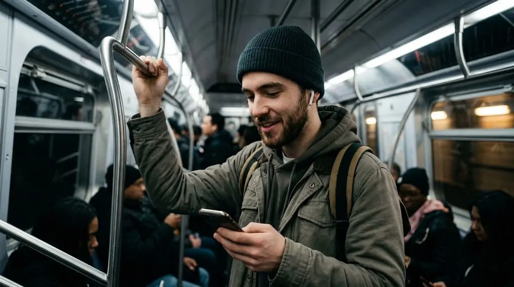Хлопець вивчає англійську в метро зі смартфона по дорозі на роботу