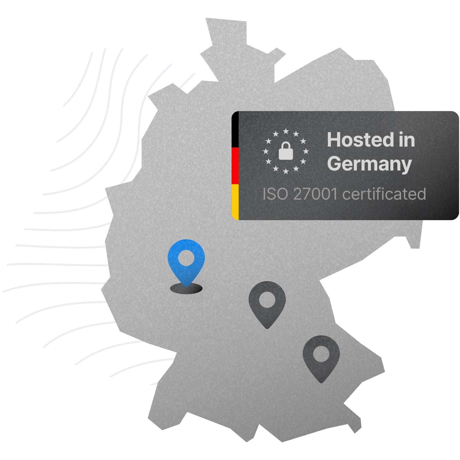 Deutschlandkarte mit verschiedenen Server Standorten. ISO 270001 zertifiziert.