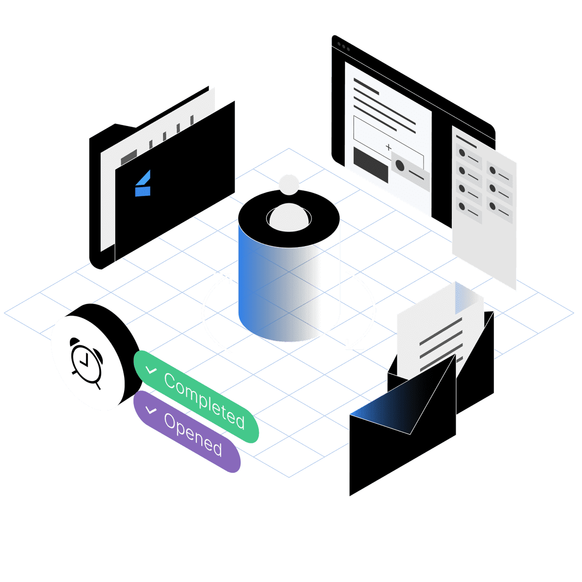 Illustration of various digital processes for document handling that are controlled by a user.