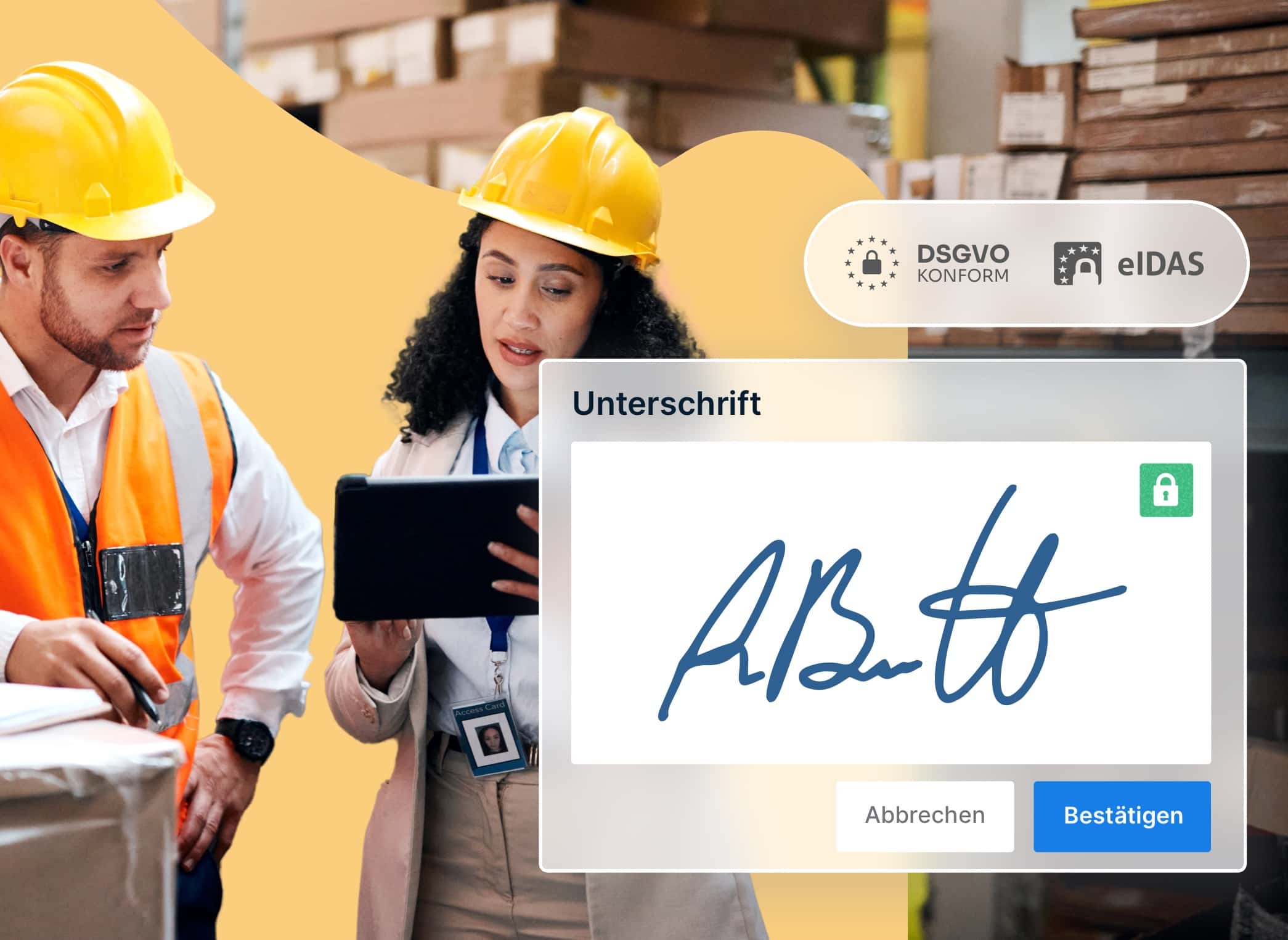 Zwei Arbeitskräfte mit Sicherheitsvesten und Helm unterschreiben ein Dokument per Tablet.