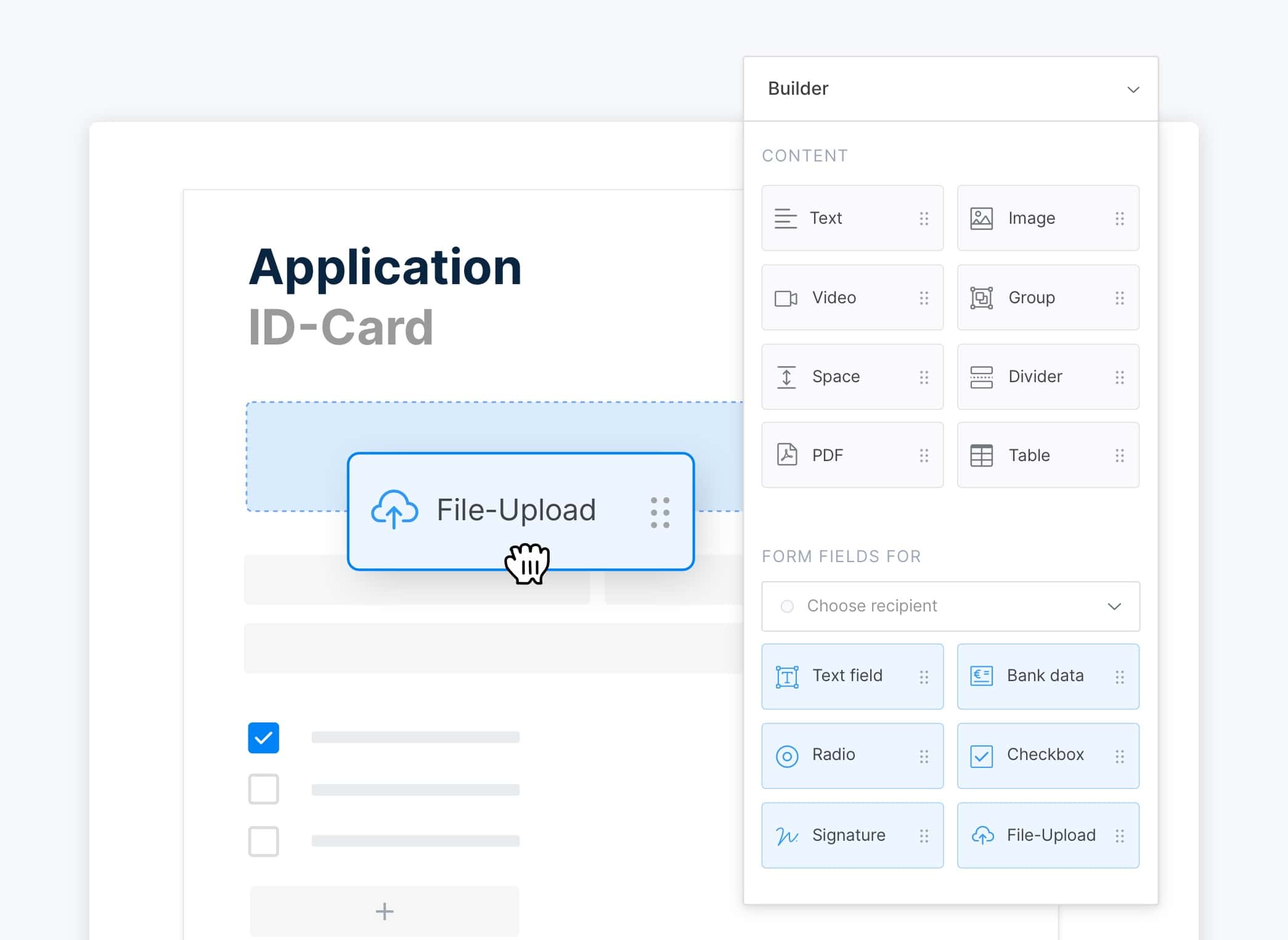 Drag & drop builder tool in the paperless interface