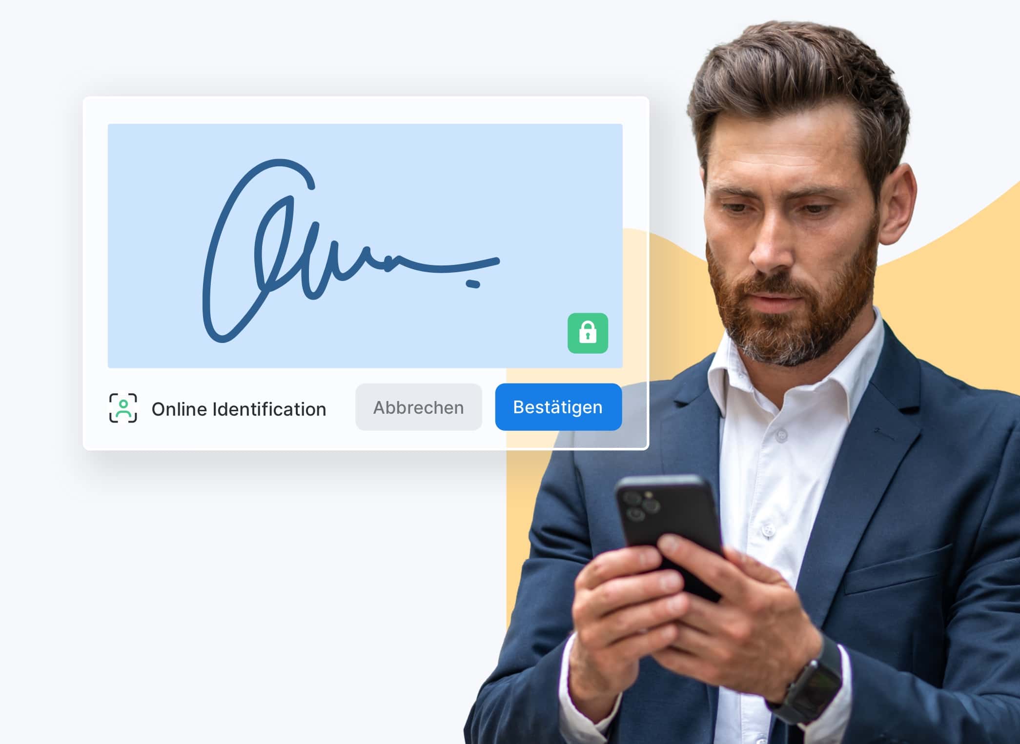 Mann im Anzug füllt Unterschriftshaus per Smart Phone.