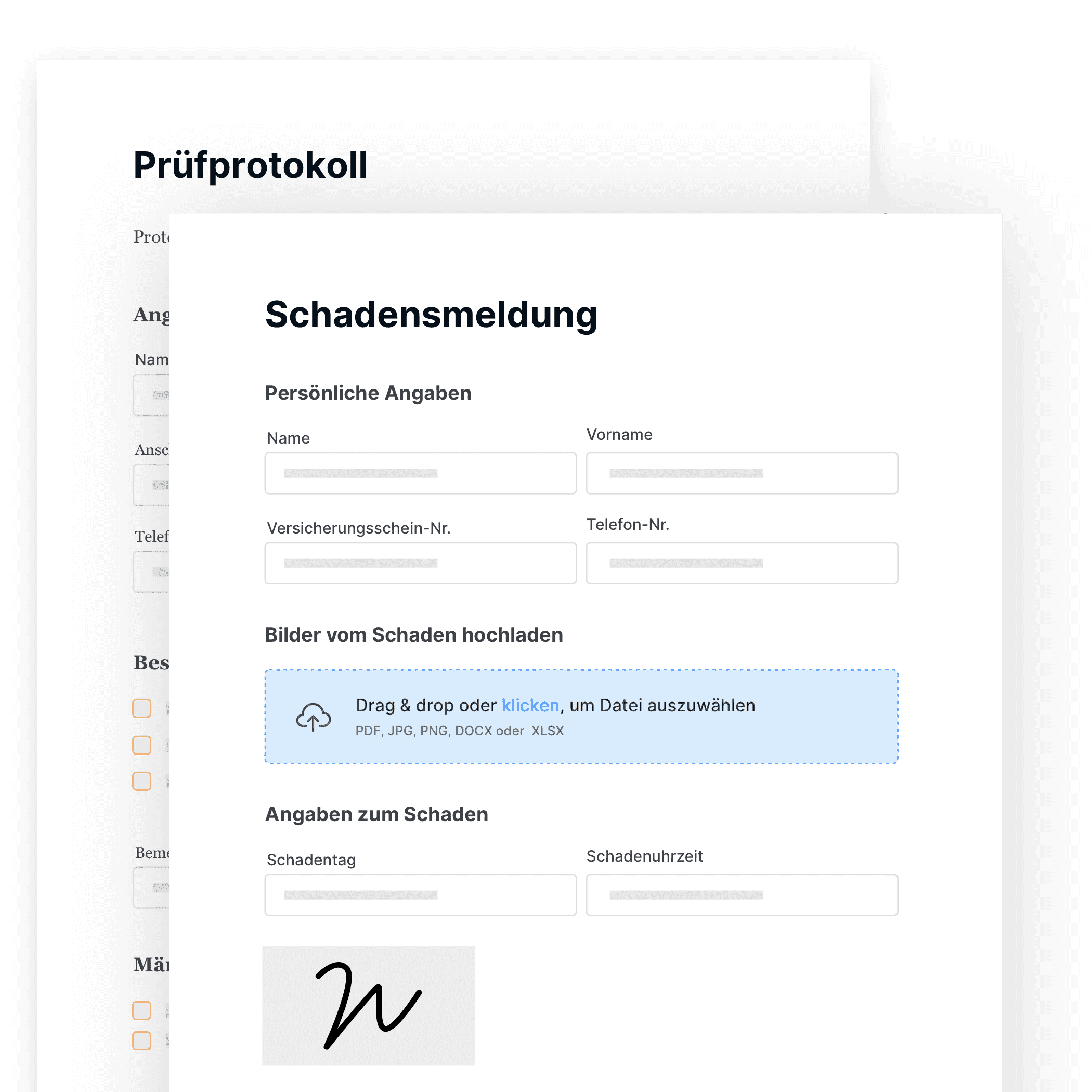 Beispielformulare in Form eines Prüfprotokolls und einer Schadensmeldung