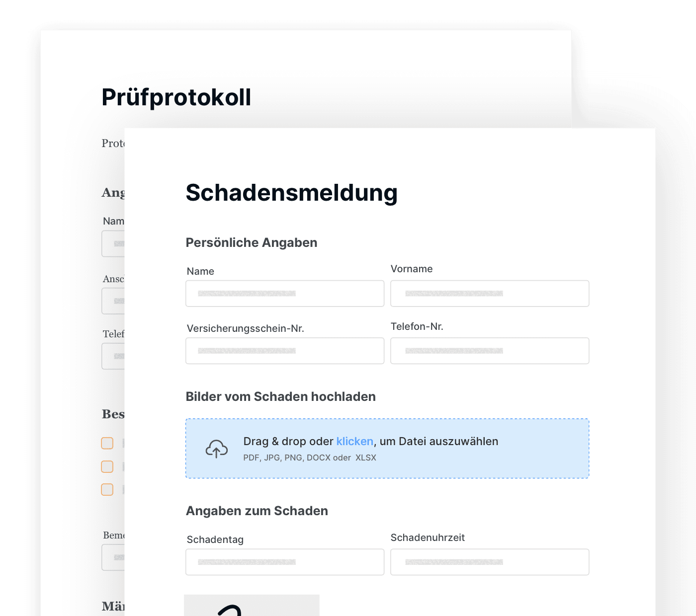 Beispielformulare in Form eines Prüfprotokolls und einer Schadensmeldung