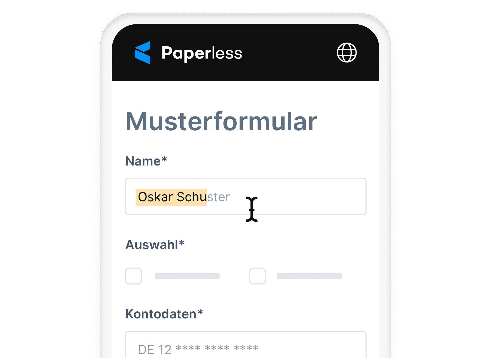 Formularfelder die über ein Smart Phone ausgefüllt werden können.