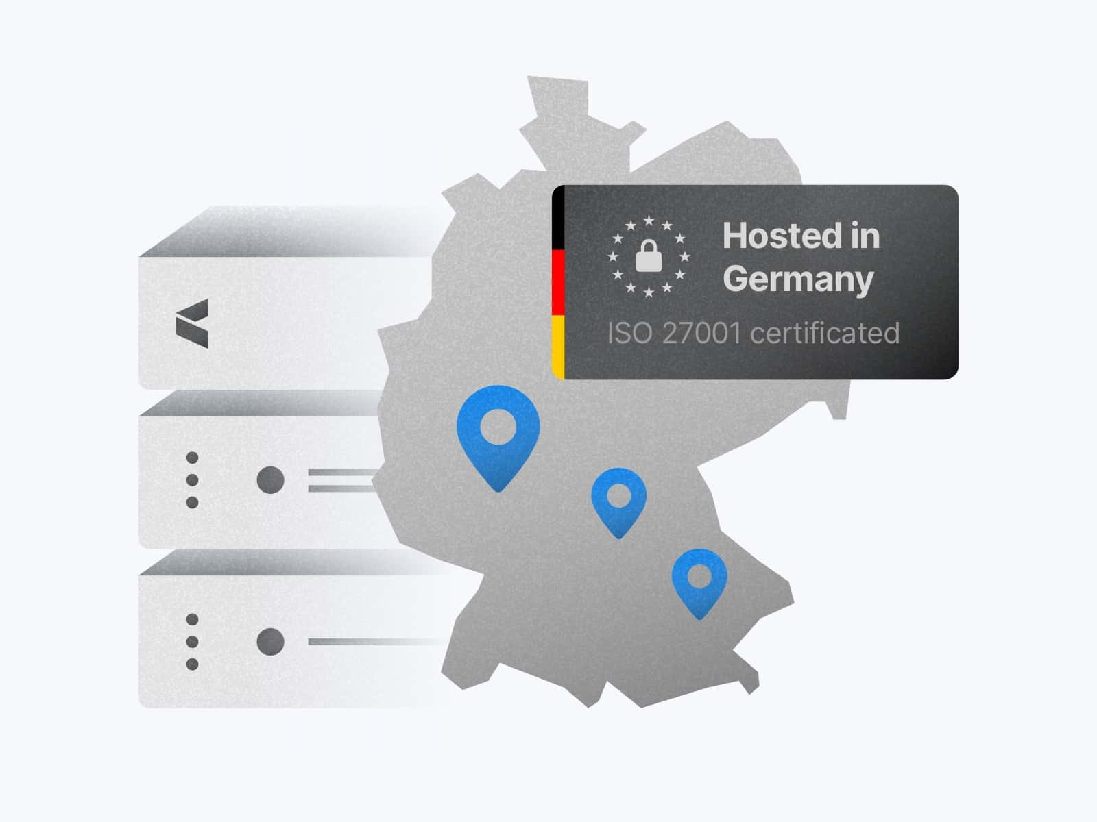 Illustration der Deutschland Karte. Darunter liegt ein Daten-Server. Hosted in Deutschland.