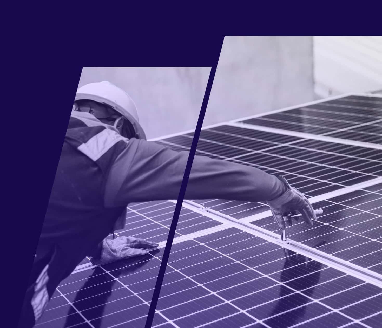 Worker installing a solar system on a blue background