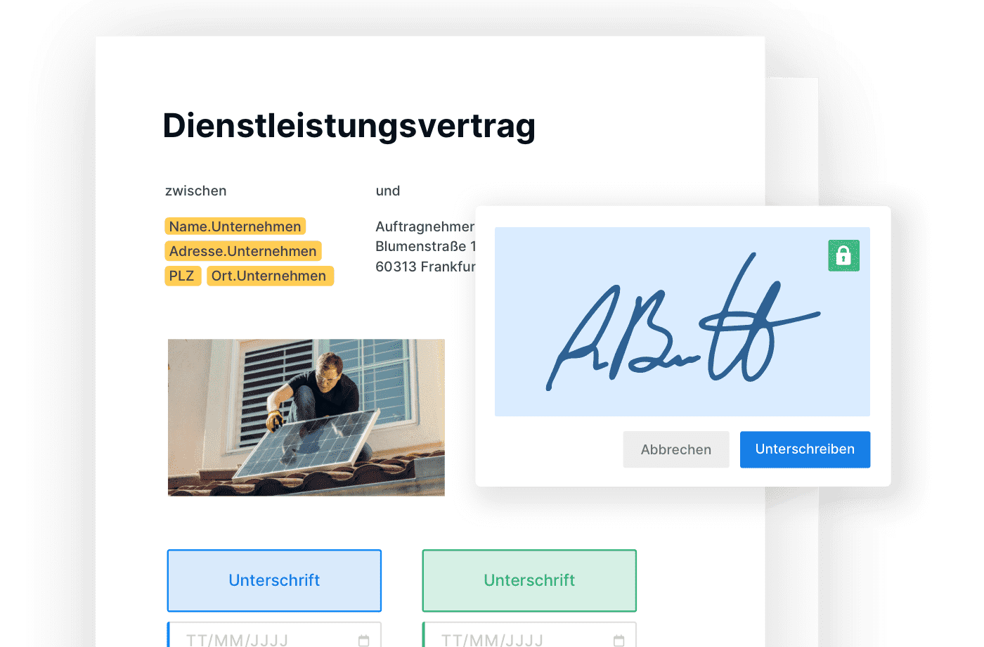 Beispiel eines digitalen Dienstleistungsvertrags mit diversen Feldern zum Ausfüllen und Unterschreiben. 