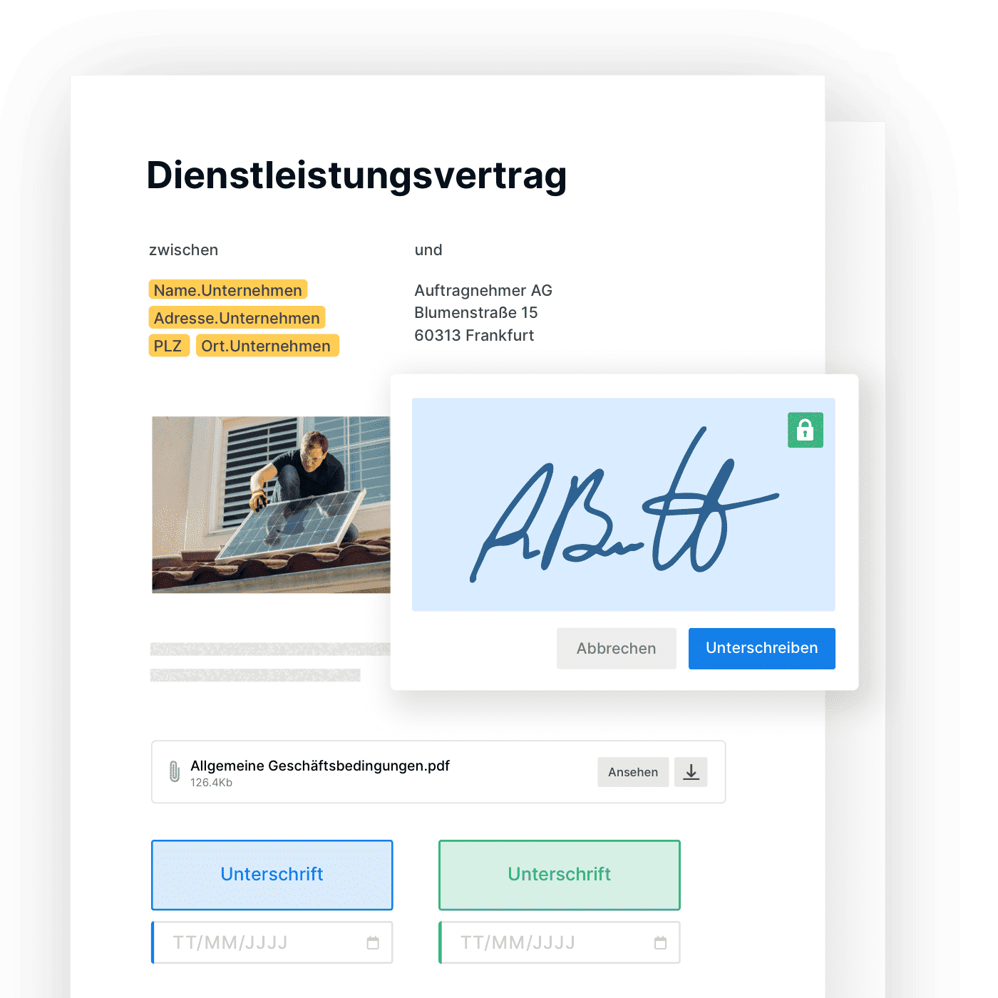 Beispiel eines digitalen Dienstleistungsvertrags mit diversen Feldern zum Ausfüllen und Unterschreiben. 