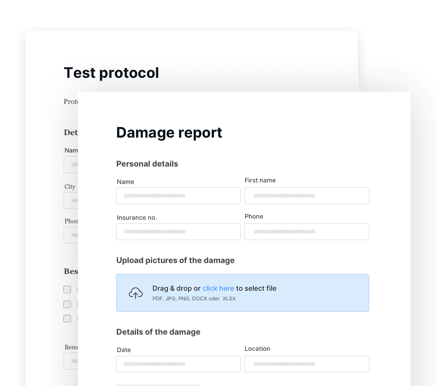 Example forms in the form of an inspection report and a damage report