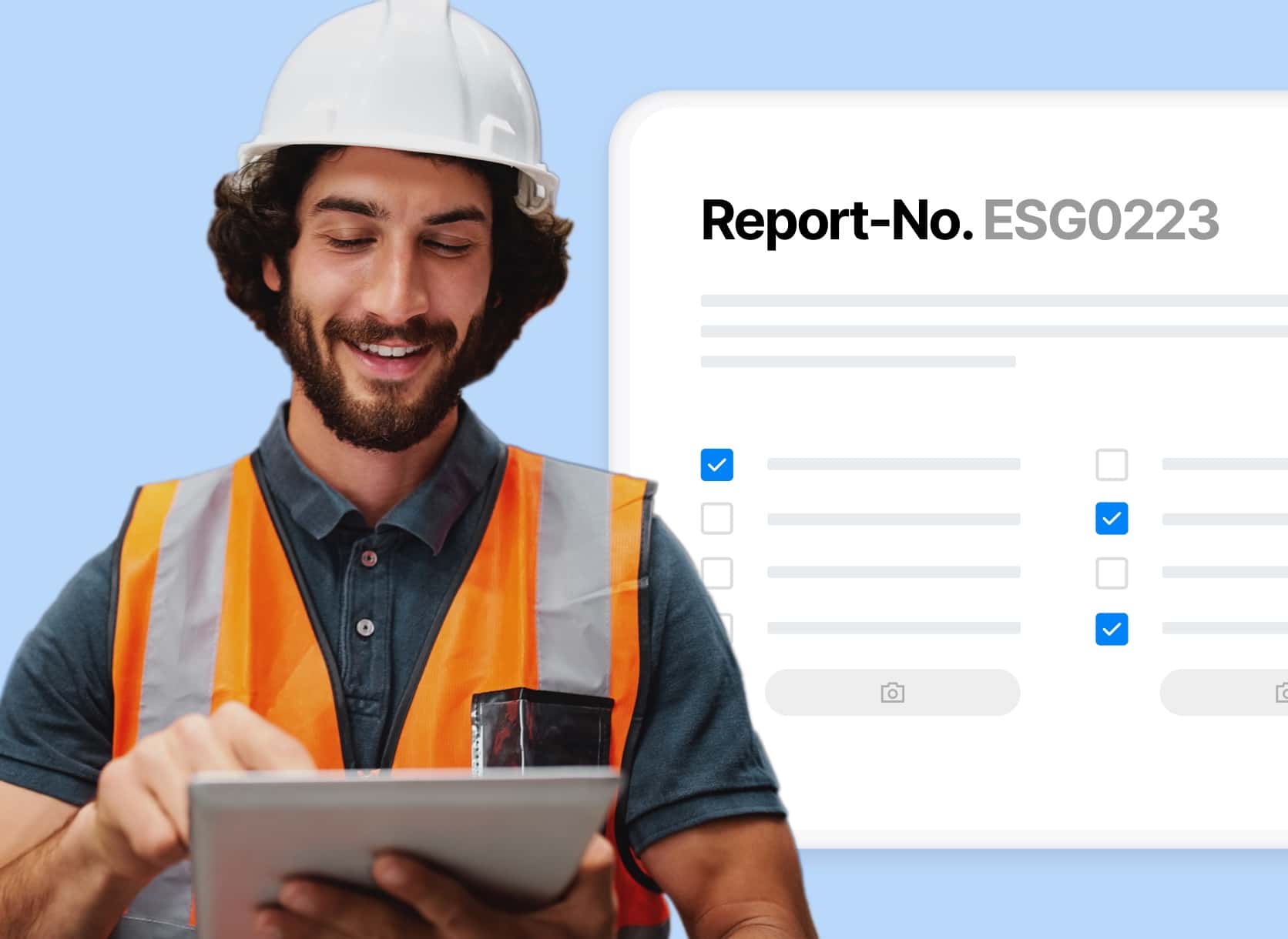 Test report is completed by a worker wearing a hard hat.