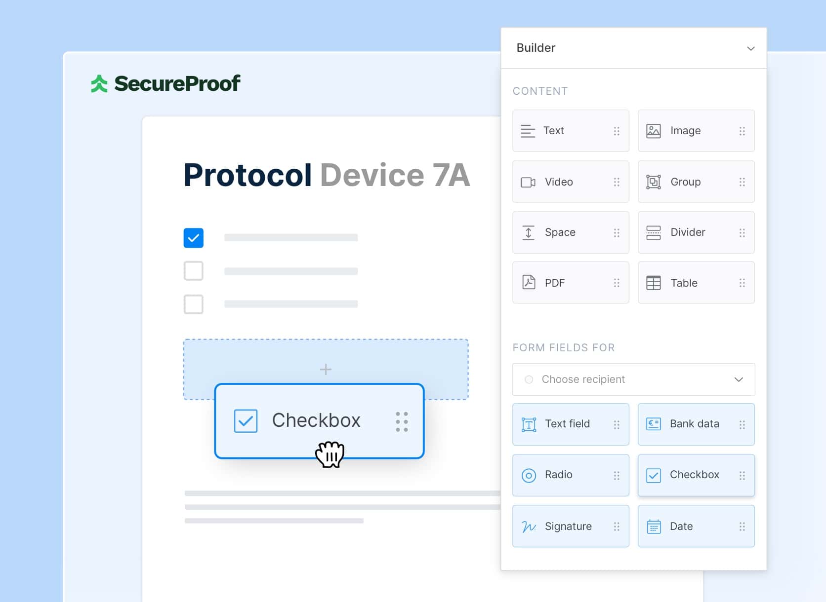 Paperless drag & drop builder for creating documents, forms and contracts
