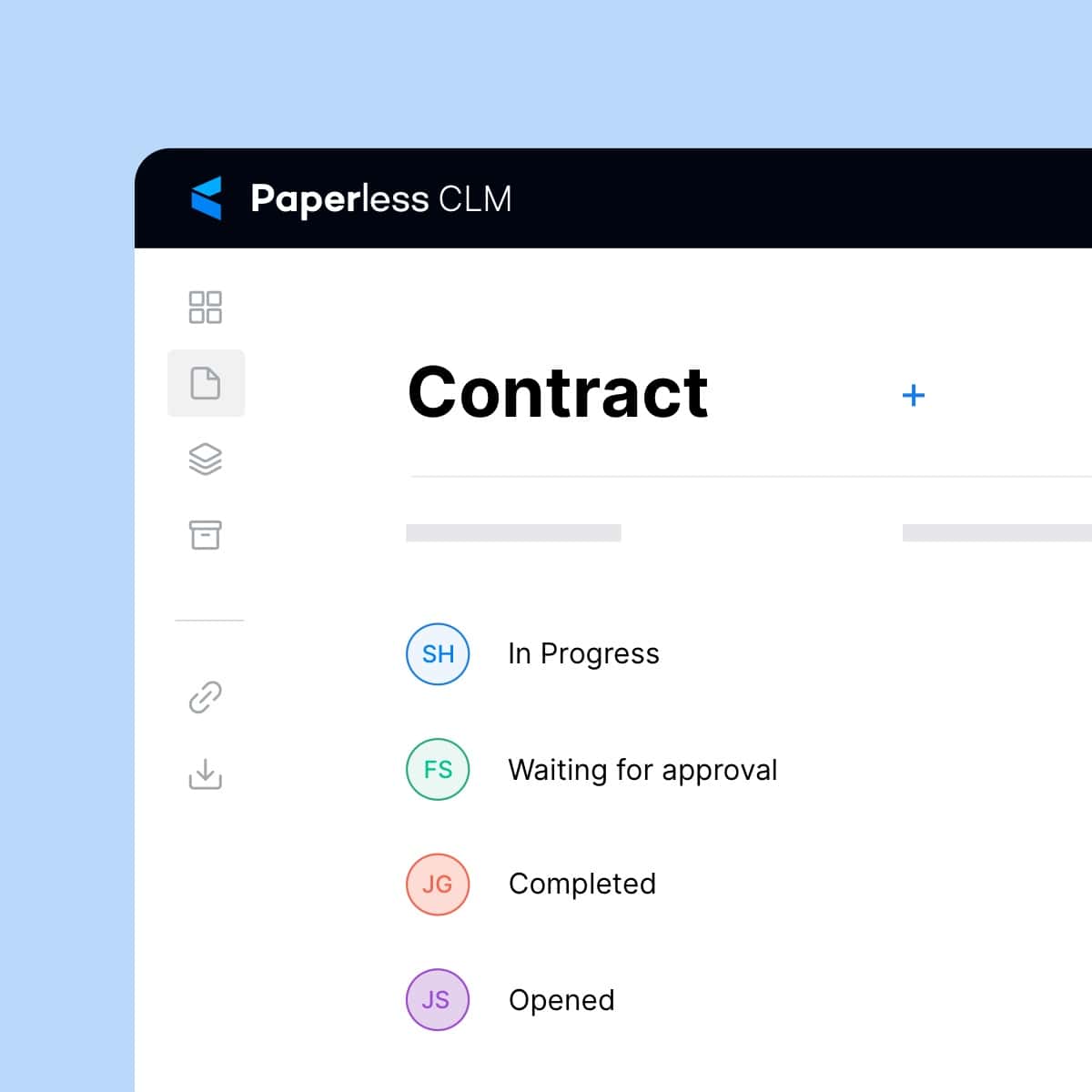 Paperless platform interface to view the progress of contracts. A distinction is made between "Opened, in progress, waiting for approval and completed"
