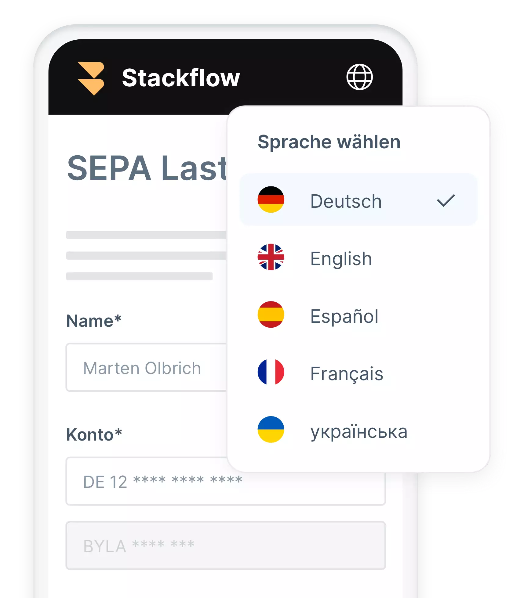 Native Mehrsprachigkeit kann über ein Icon angesteuert werden, um Dokumente und Formulare in beliebige Sprachen zu wechseln. Hier am Beispiel der Paperless Oberfläche an einem Smart Phone zu sehen.