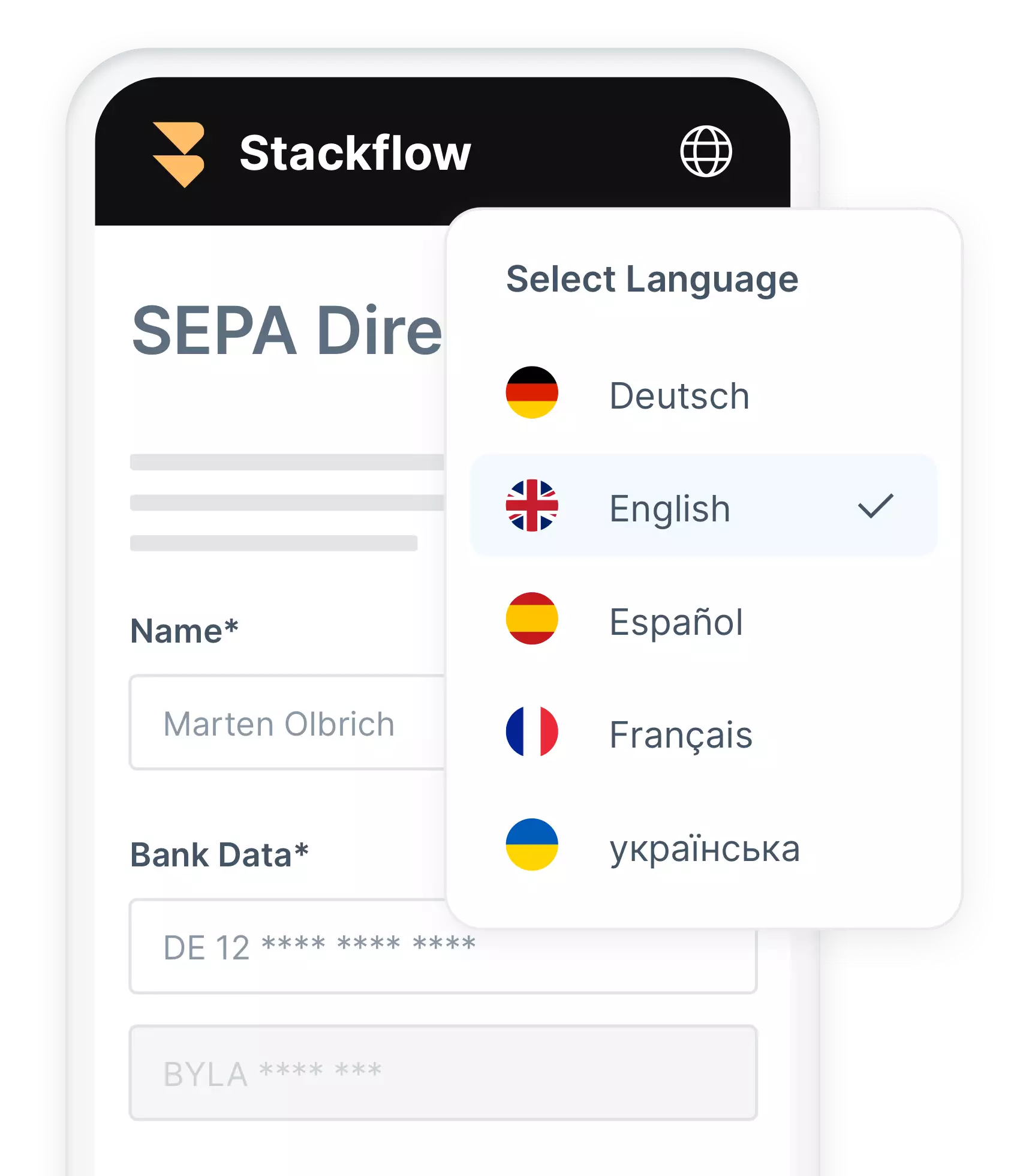 Native multilingualism can be controlled via an icon to switch documents and forms into any language. Shown here using the example of the paperless interface on a smart phone.