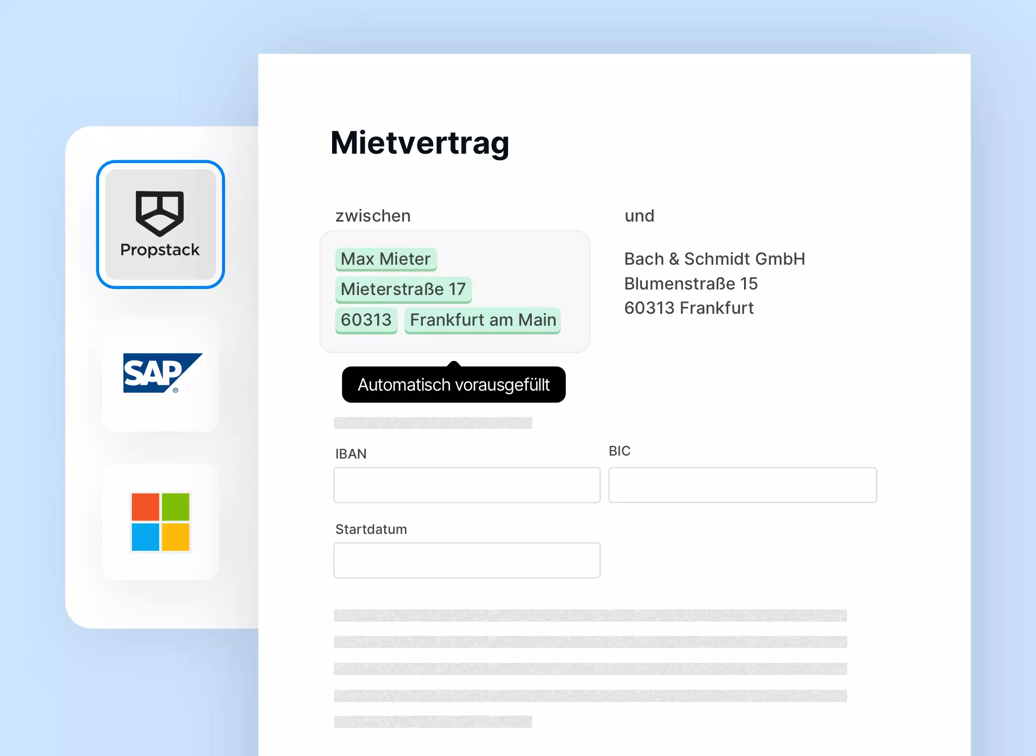 Digitaler Mietvertrag bei dem Daten von anderen Applikationen wie zum Beispiel Propstack, SAP & Microsoft vorausgefüllt werden.
