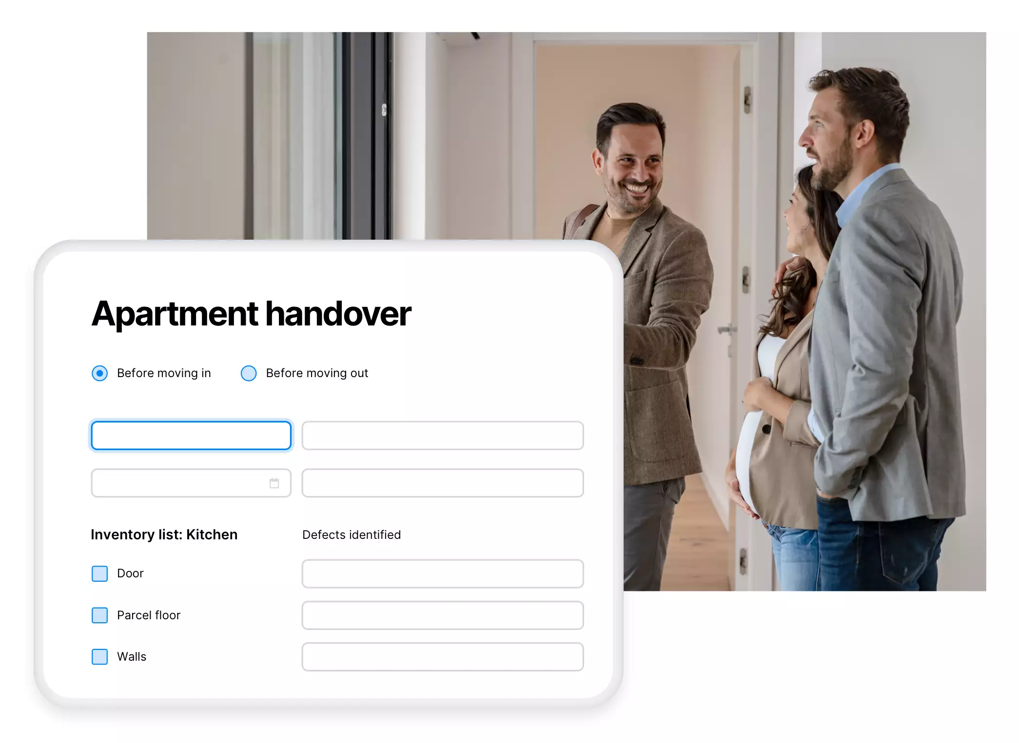 Electronic apartment handover form. In the background there is a photo of the building landlord talking to potential new tenants.