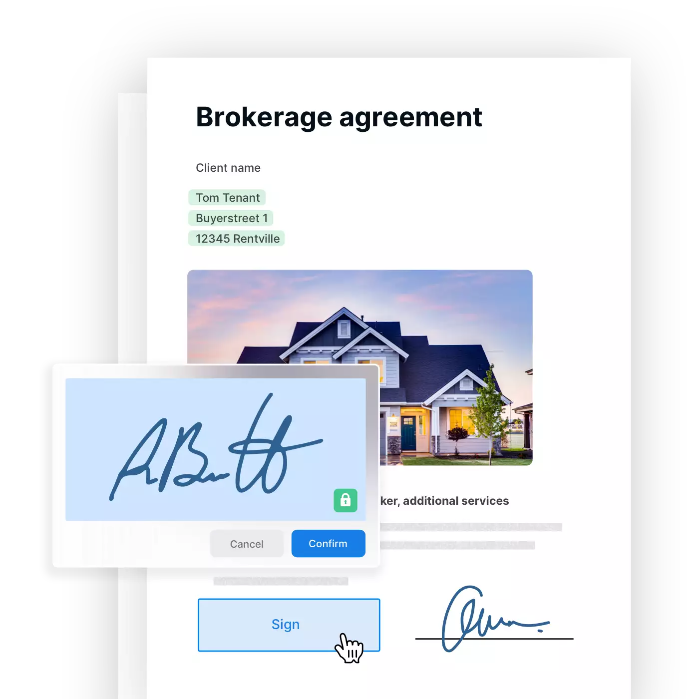 Digital brokerage blanket order with pre-filled data, preview images and electronic signature fields.