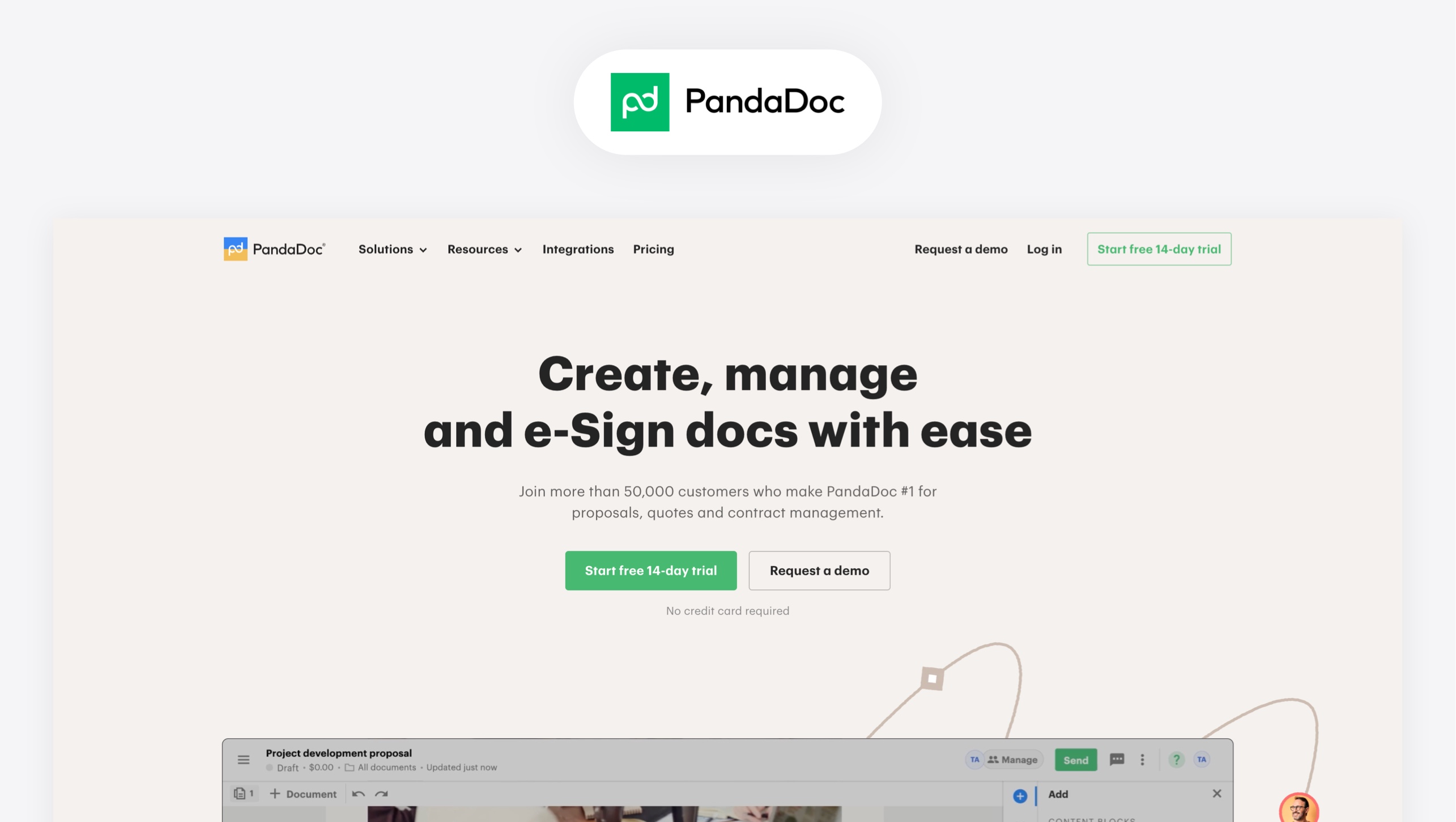 Snapshot of PandaDoc landing page