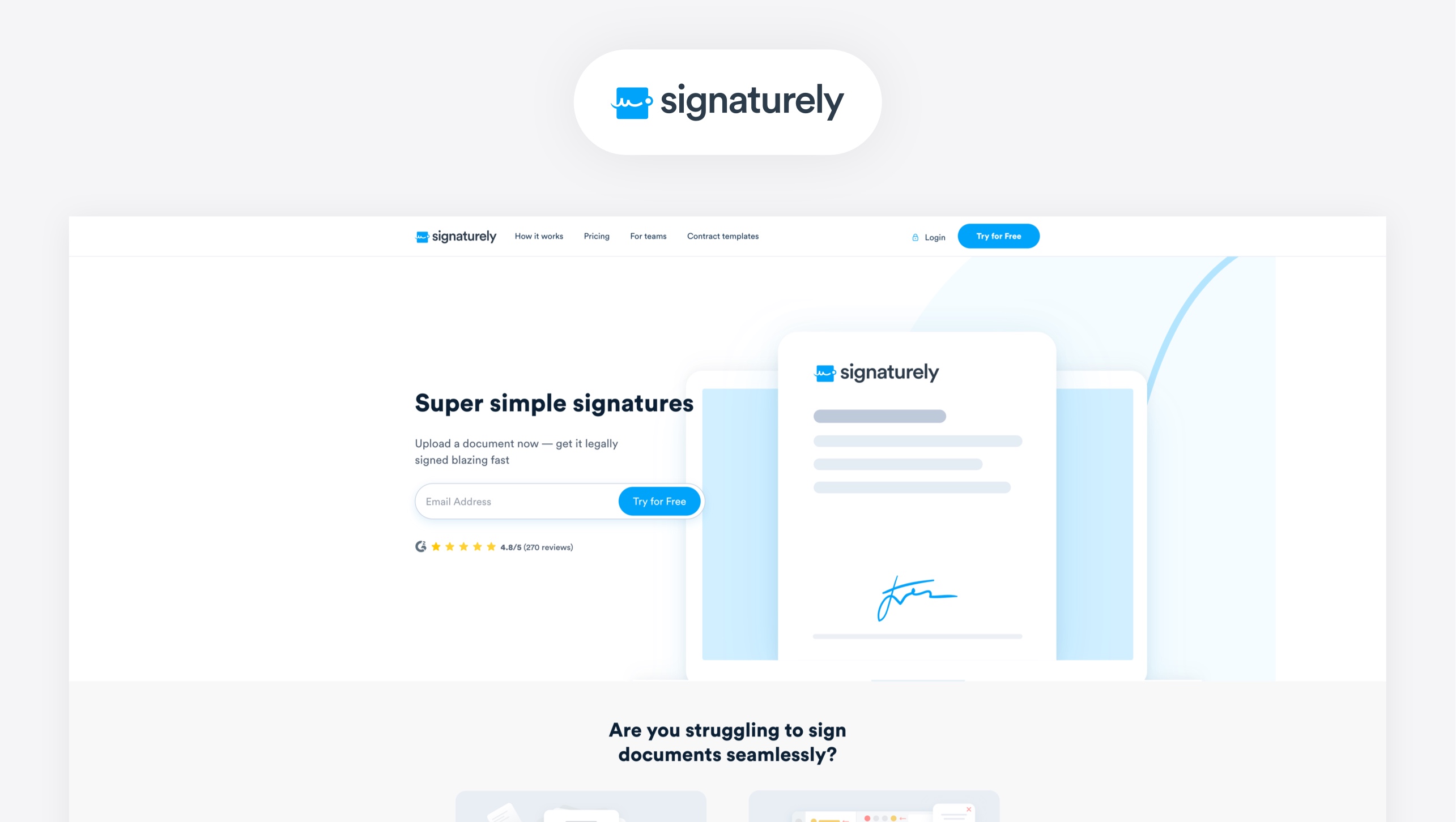 Snapshot of Signaturely landing page