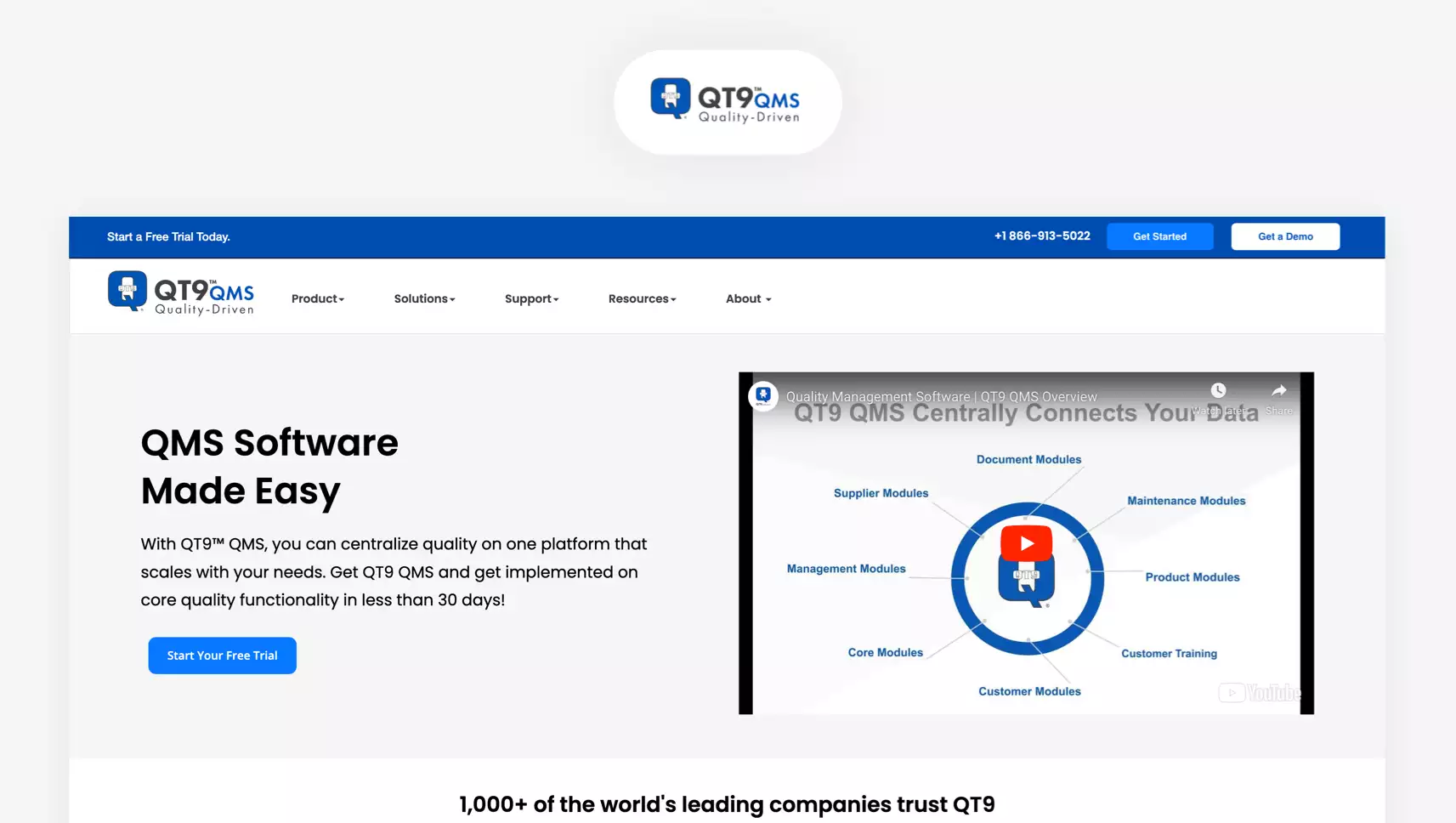 Snapshot of QT9 QMS website landing page