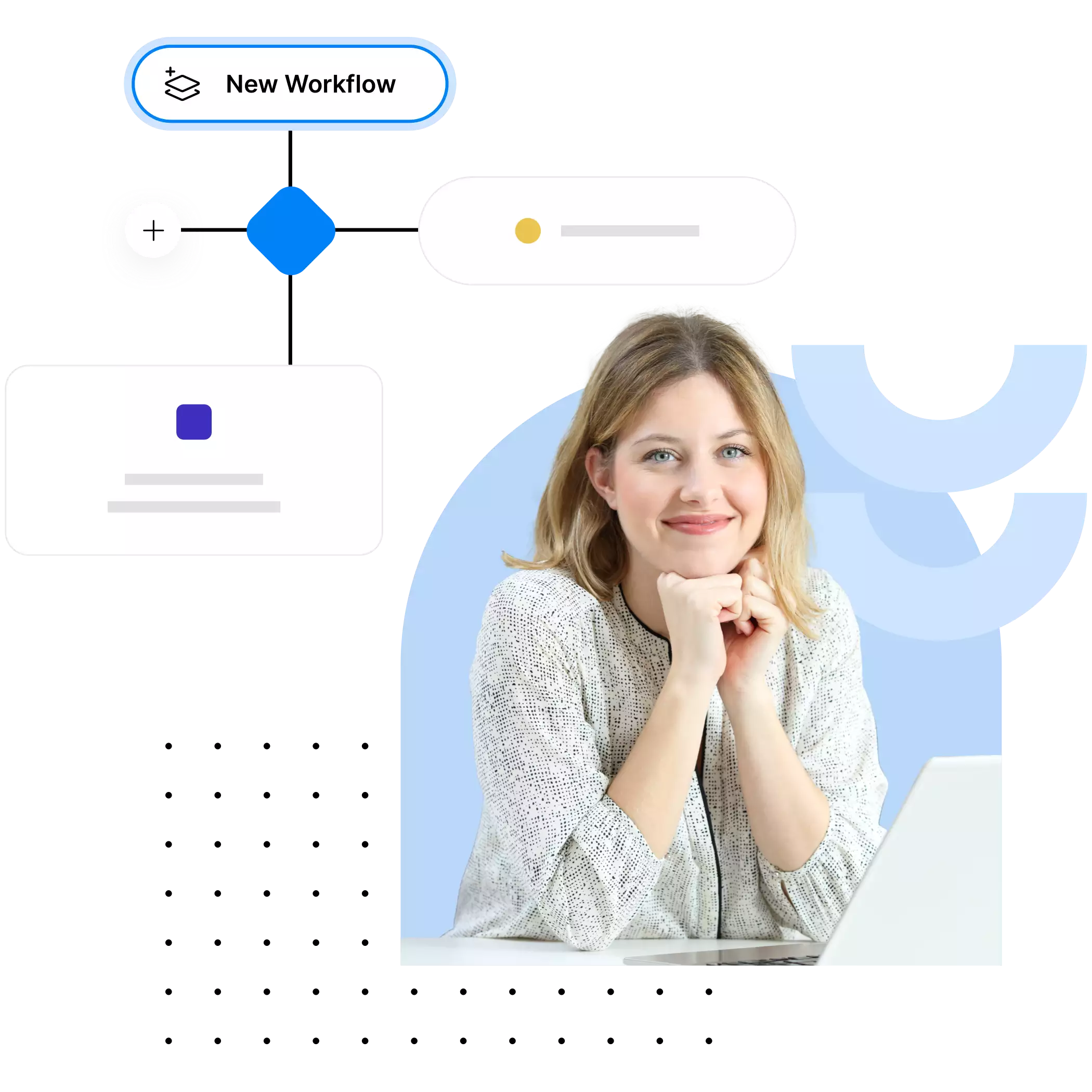 Smiling woman sitting at a desk with a laptop, surrounded by abstract icons representing workflow automation. The icons include a 'New Workflow' button, a plus sign, and various shapes symbolizing digital processes. The background features light blue geometric patterns.