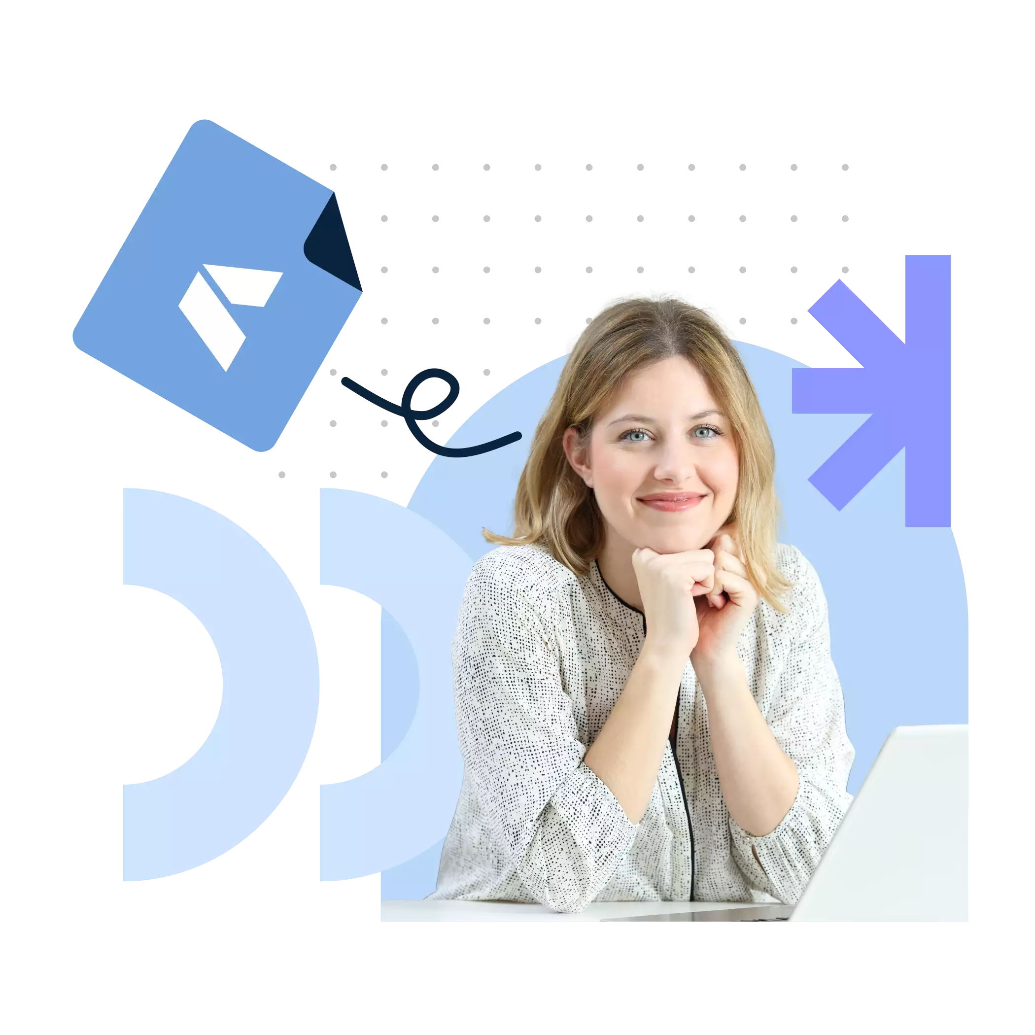 Eine lächelnde, blonde Frau sitzt vor einem Laptop und stützt das Kinn auf ihre Hände. Im Hintergrund sind blaue und lilafarbene grafische Elemente zu sehen, einschließlich eines Dokumentsymbols und stilisierter Formen, die eine digitale und moderne Atmosphäre erzeugen.