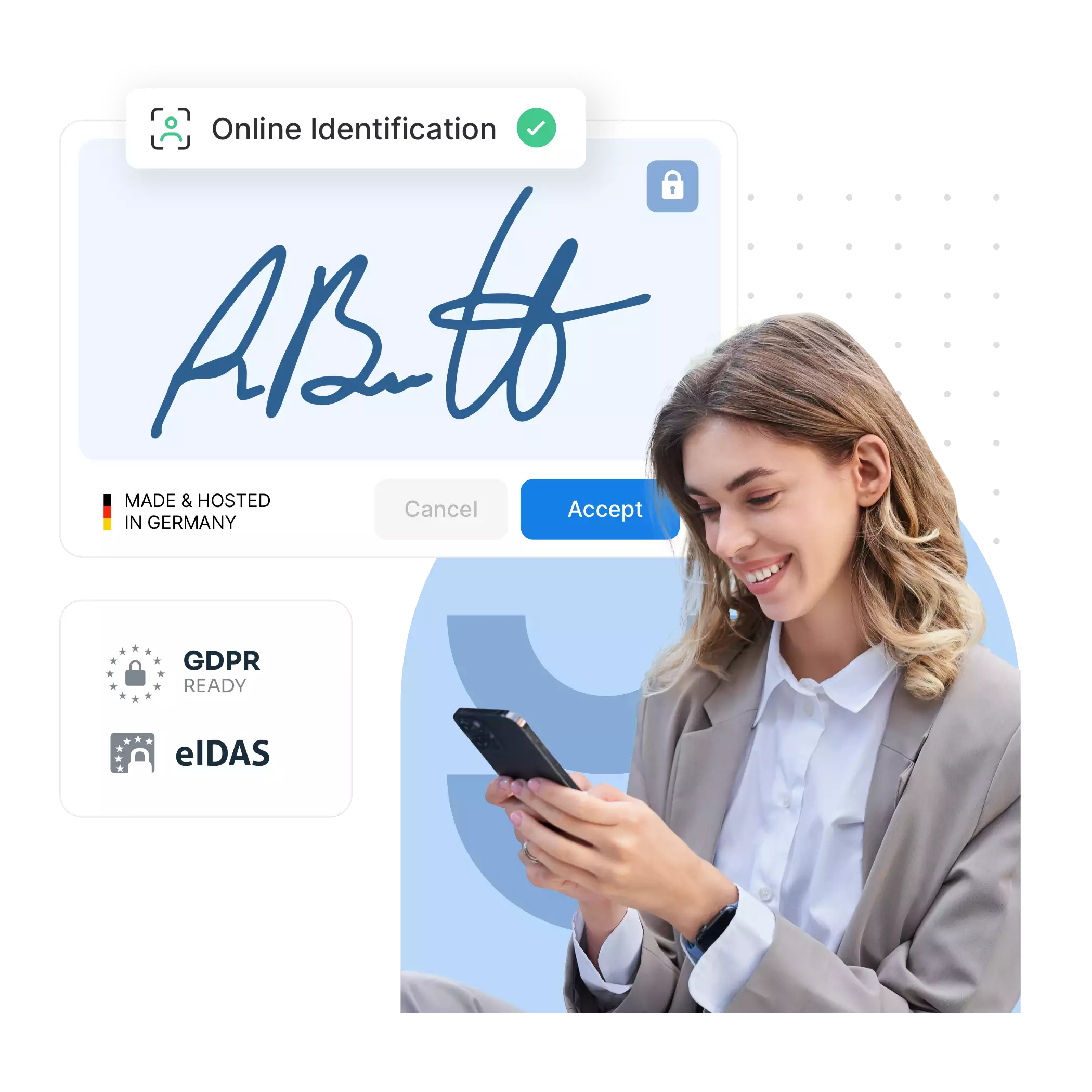 Digital signature and online identification process with GDPR and eIDAS compliance, hosted in Germany, featuring a smiling businesswoman using a smartphone for secure authentication.