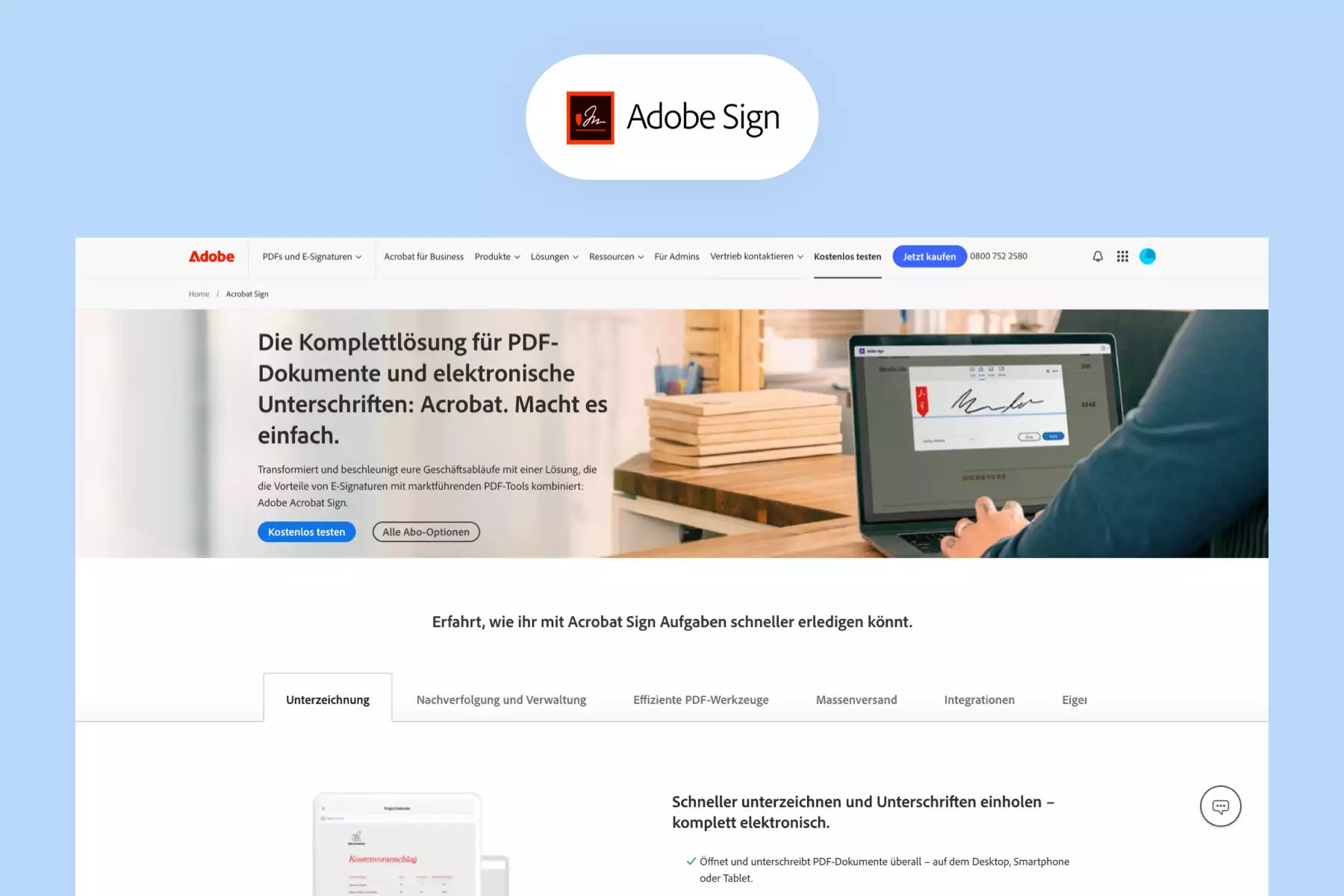 Adobe Sign website landing page and logo