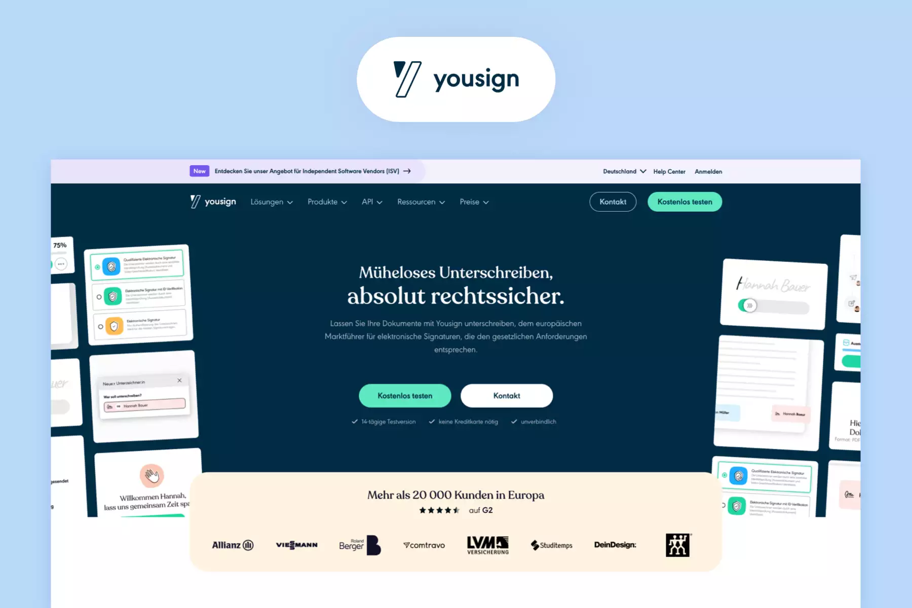 Display of yousign landingpage and logo