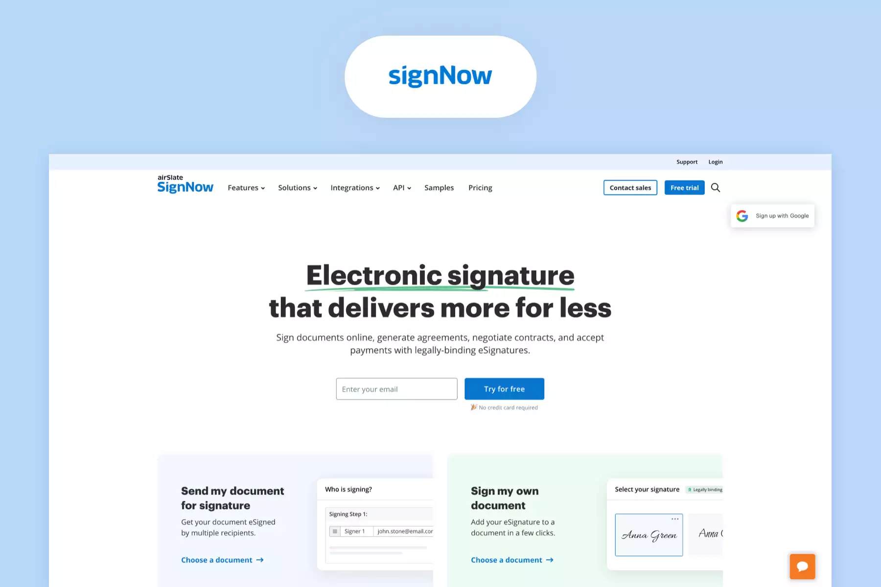 signNow website landing page and logo