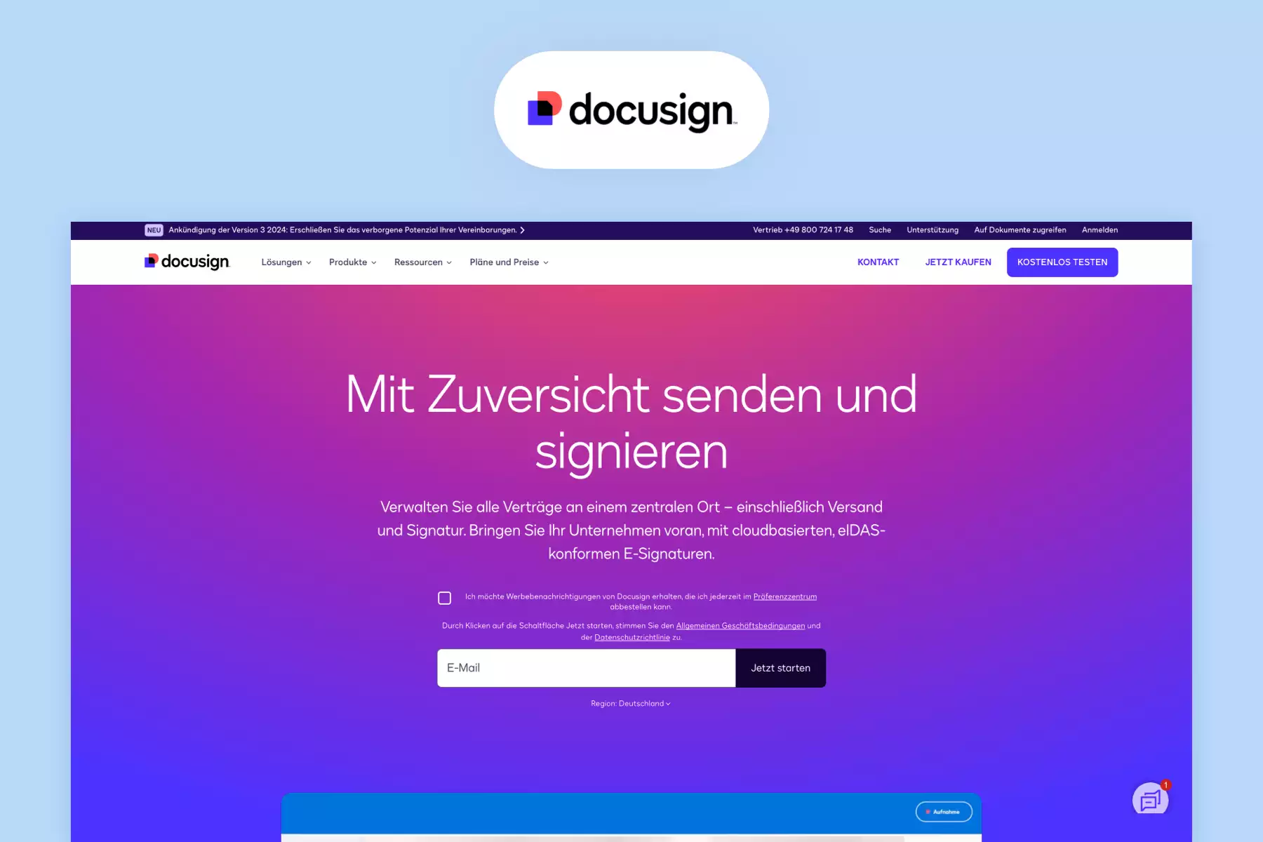 Display of DocuSign landingpage and logo