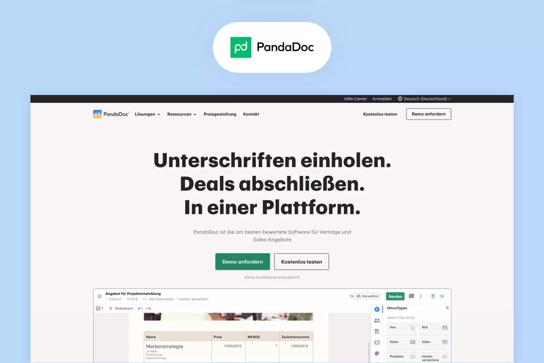 Display of logo and landingpage of Pandadoc