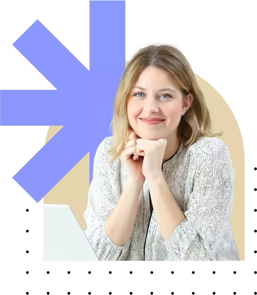 Happy woman in casual outfit leaning on her arms