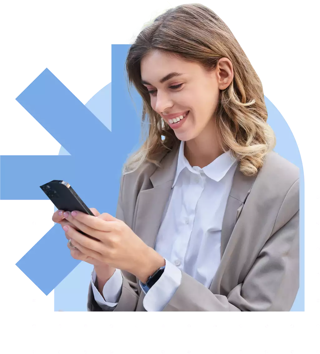 Happy woman in business outfit using her phone to sign a contract