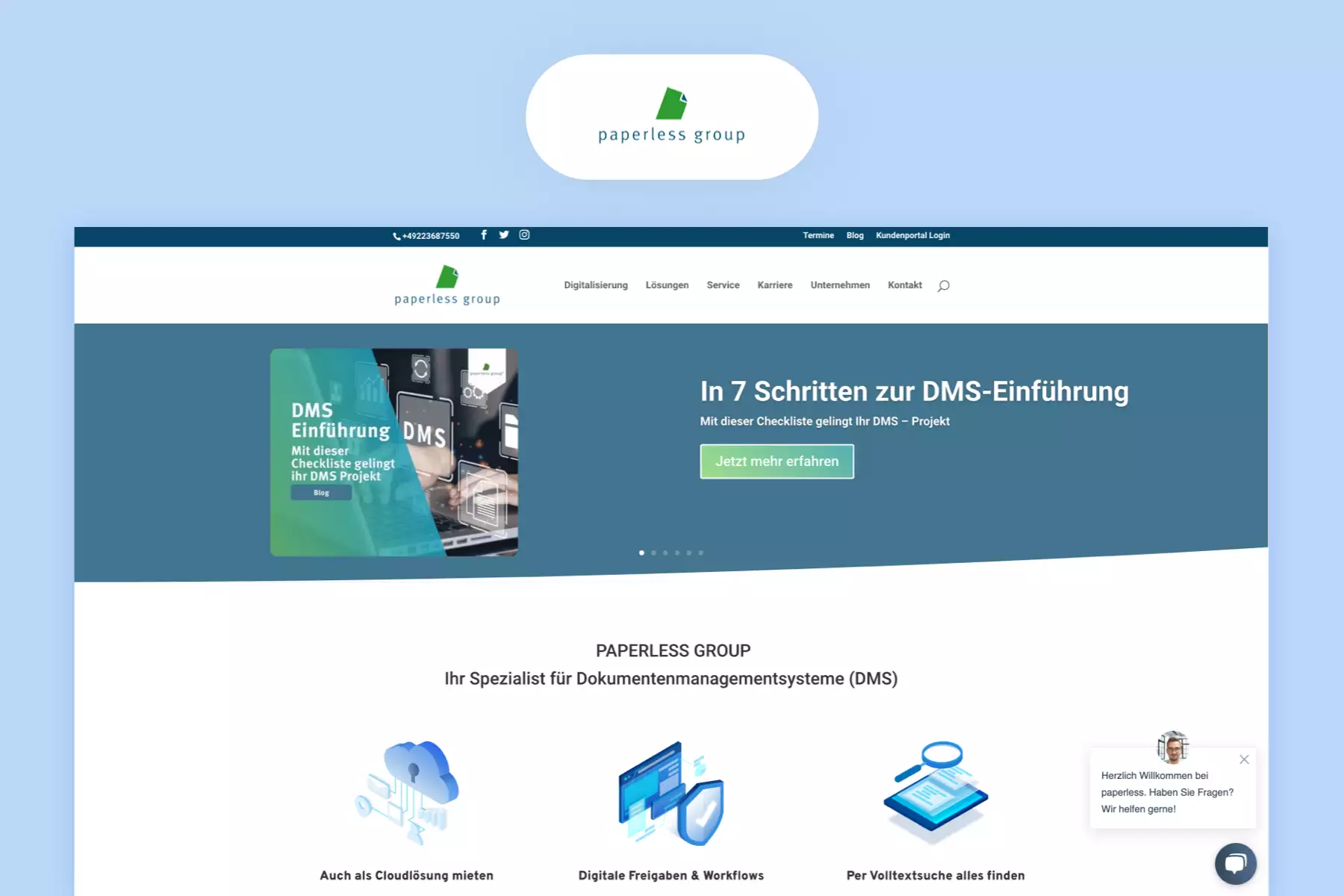 Website screenshot of Paperless Solution landingpage.