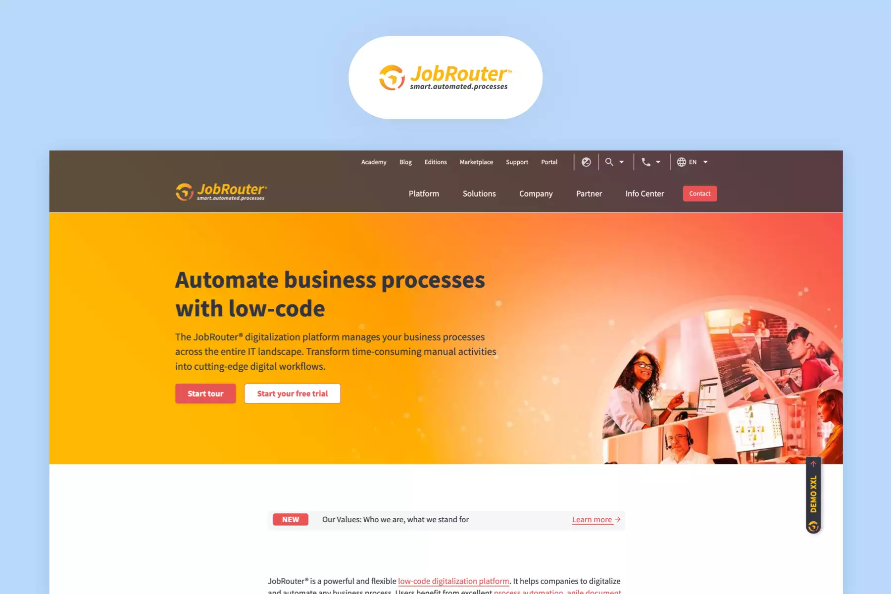 Display of JobRouter logo and website landing page