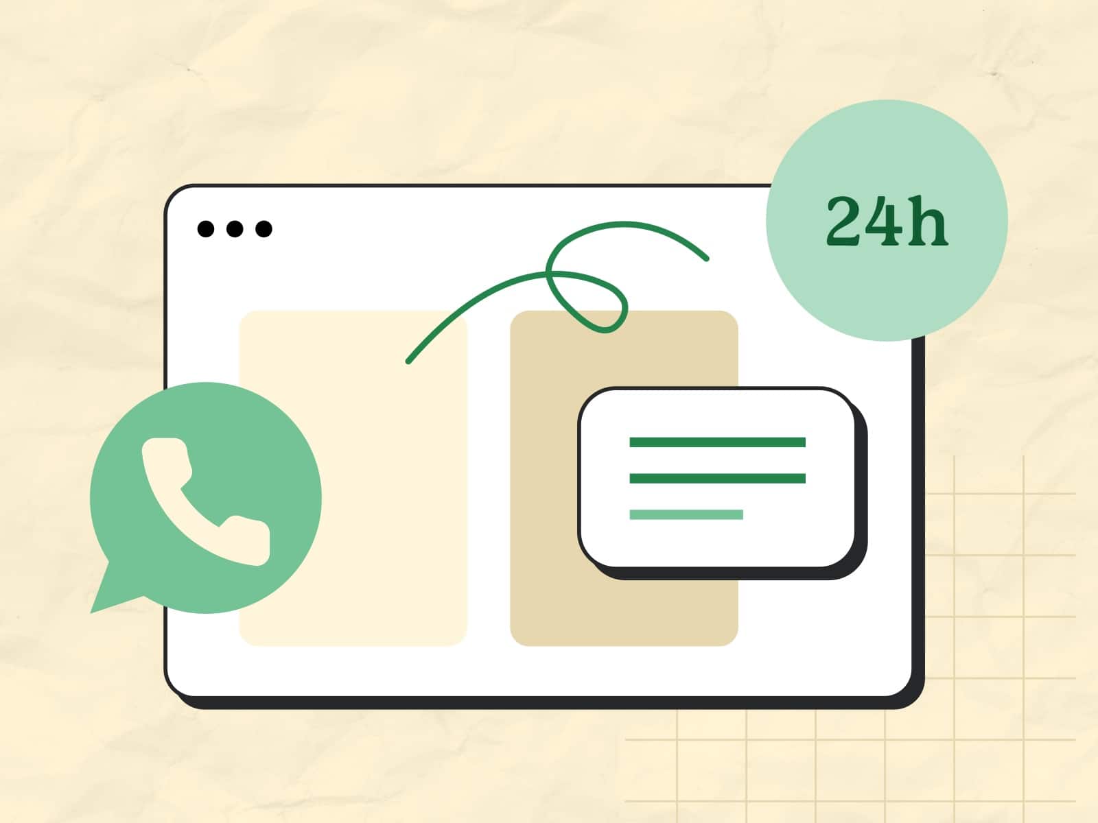 Illustration eines 24-Stunden-Supports mit Telefon- und Nachrichtensymbolen auf beigem Hintergrund, symbolisiert durch ein Browserfenster und grüne Akzente.