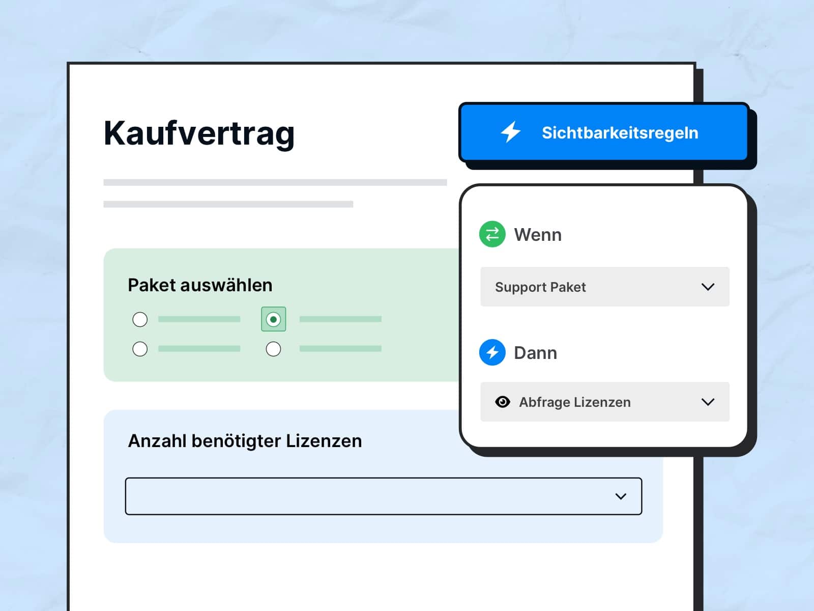 Darstellung eines Kaufvertrags mit Sichtbarkeitsregeln, die auf Logik basieren, einschließlich Auswahloptionen und Bedingungen, auf hellem blauem Hintergrund.