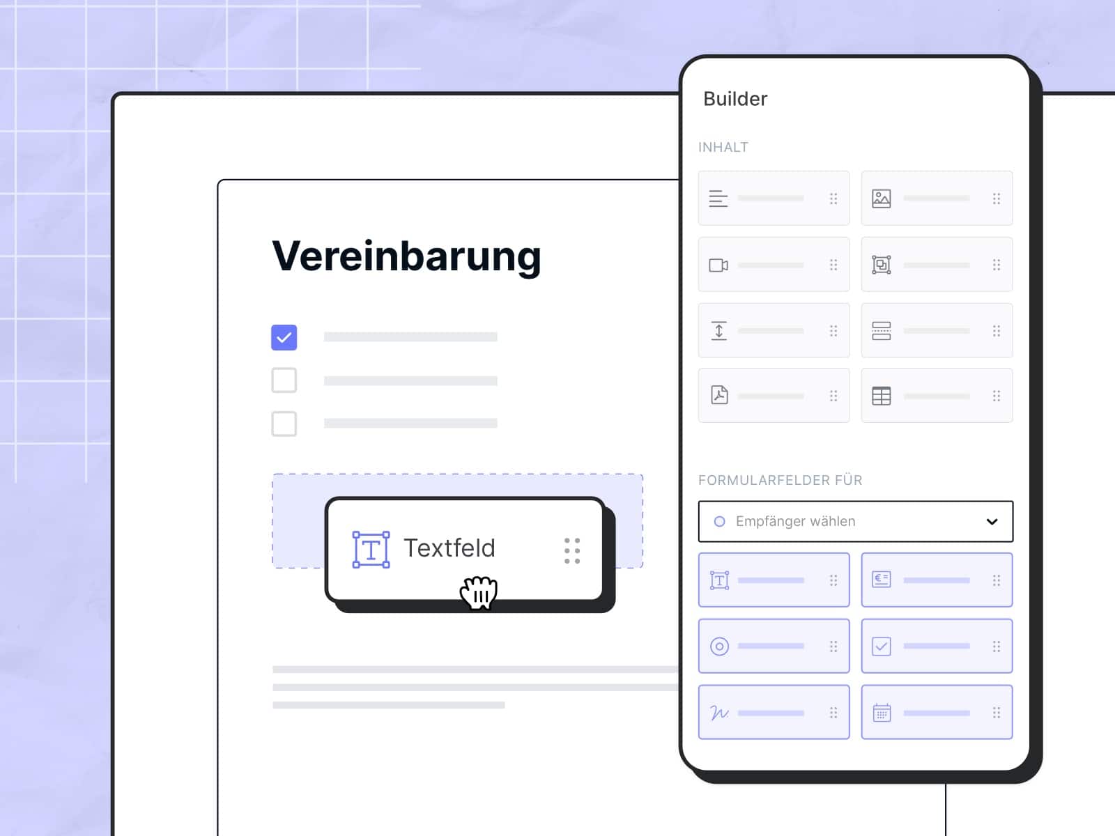 Illustration eines Formular-Builders mit Drag-and-Drop-Funktion, um Textfelder und andere Elemente in ein Dokument einzufügen, auf hellem lila Hintergrund.