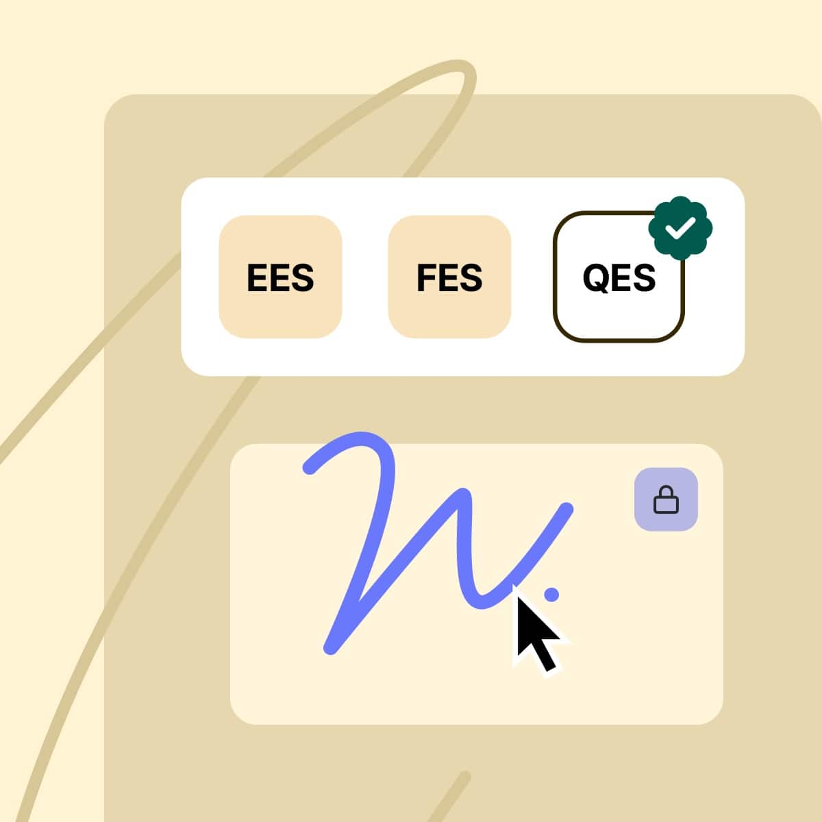 Abbildung zeigt Optionen für EES, FES und QES mit einer digitalen Unterschrift und einem Schloss-Symbol, für sichere und rechtsgültige elektronische Signaturen.
