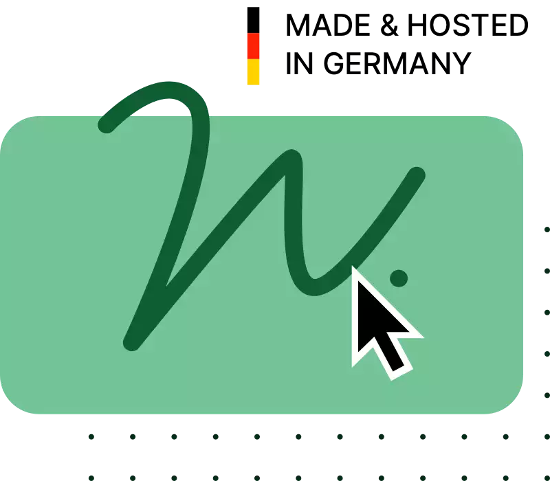 Symbolische Darstellung einer digitalen Unterschrift mit der Aufschrift 'Made & Hosted in Germany' und einer deutschen Flagge auf grünem Hintergrund.