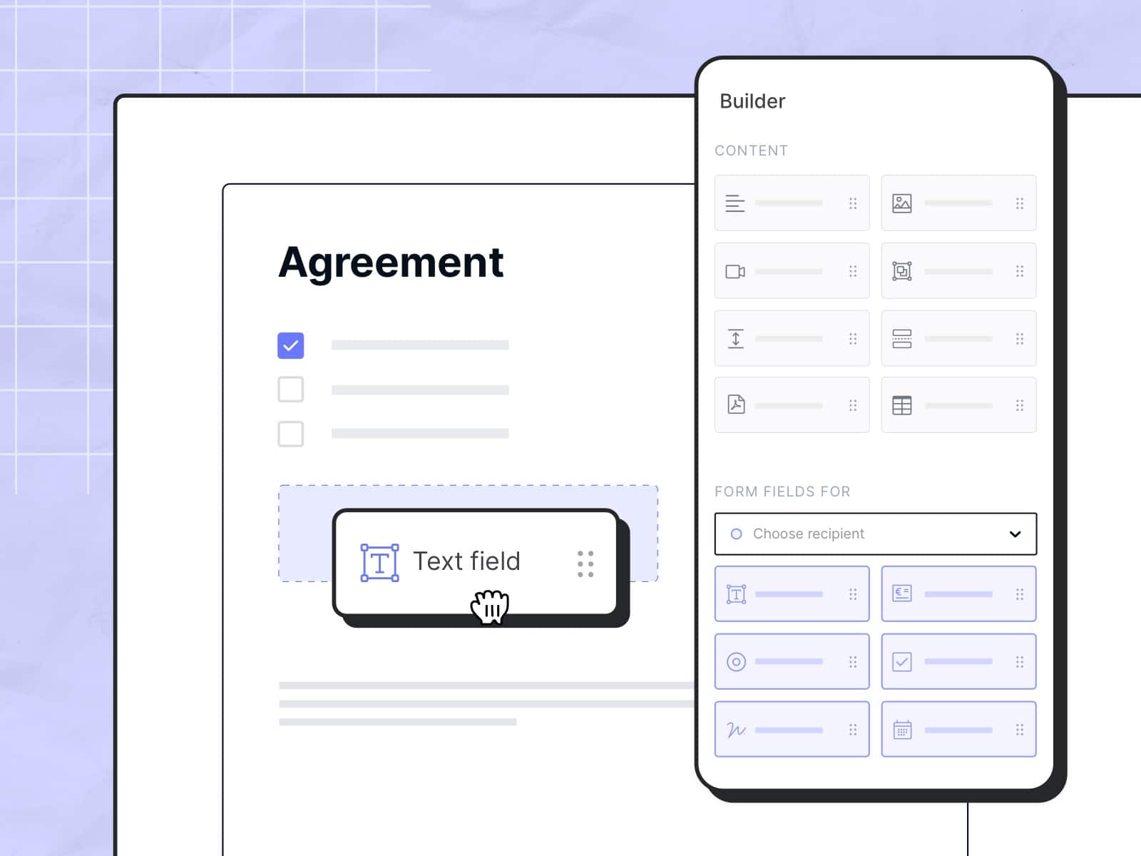 Illustration of a form builder with drag-and-drop functionality for adding text fields and other elements to a document, set against a light purple background.